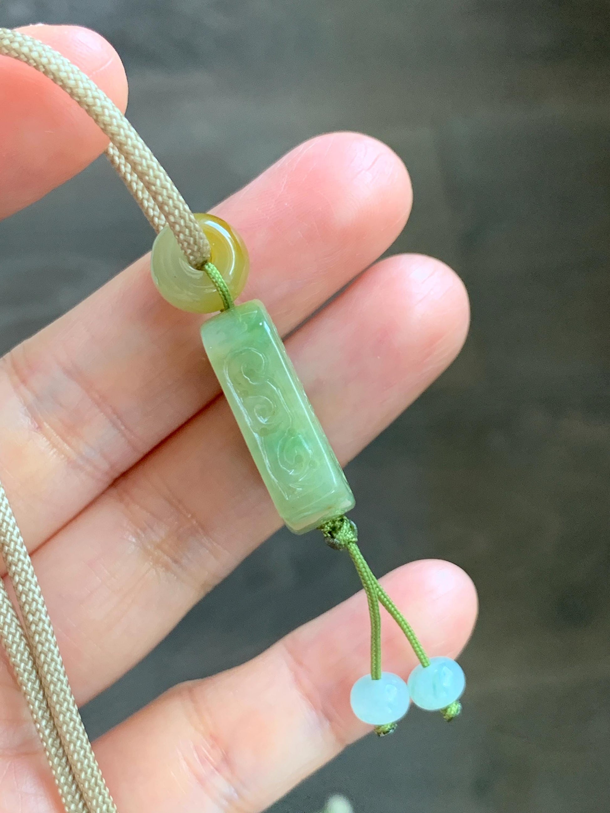 Natural Grade A Icy Translucent Yellowish Green Marbled Jade Jadeite Engraved Pendant Rope Necklace 24” 12g 天然冰茶晃翡翠仿古雕无事牌吊坠 MFG334