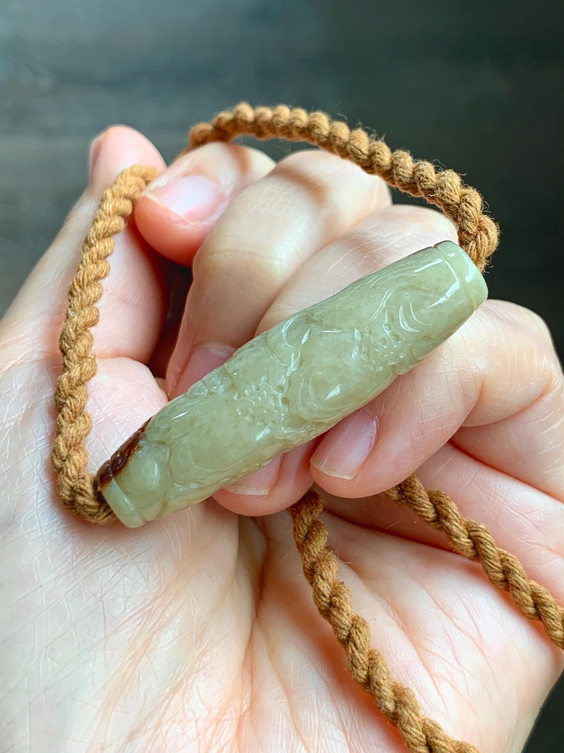 Certified Natural Grade A Icy Beige Honey Brown Marbled Jade Jadeite Engraved Shan Shui Barrel Bead Rope Necklace 18” 17g 天然冰淡黄撒金翡翠山水桶珠吊坠481