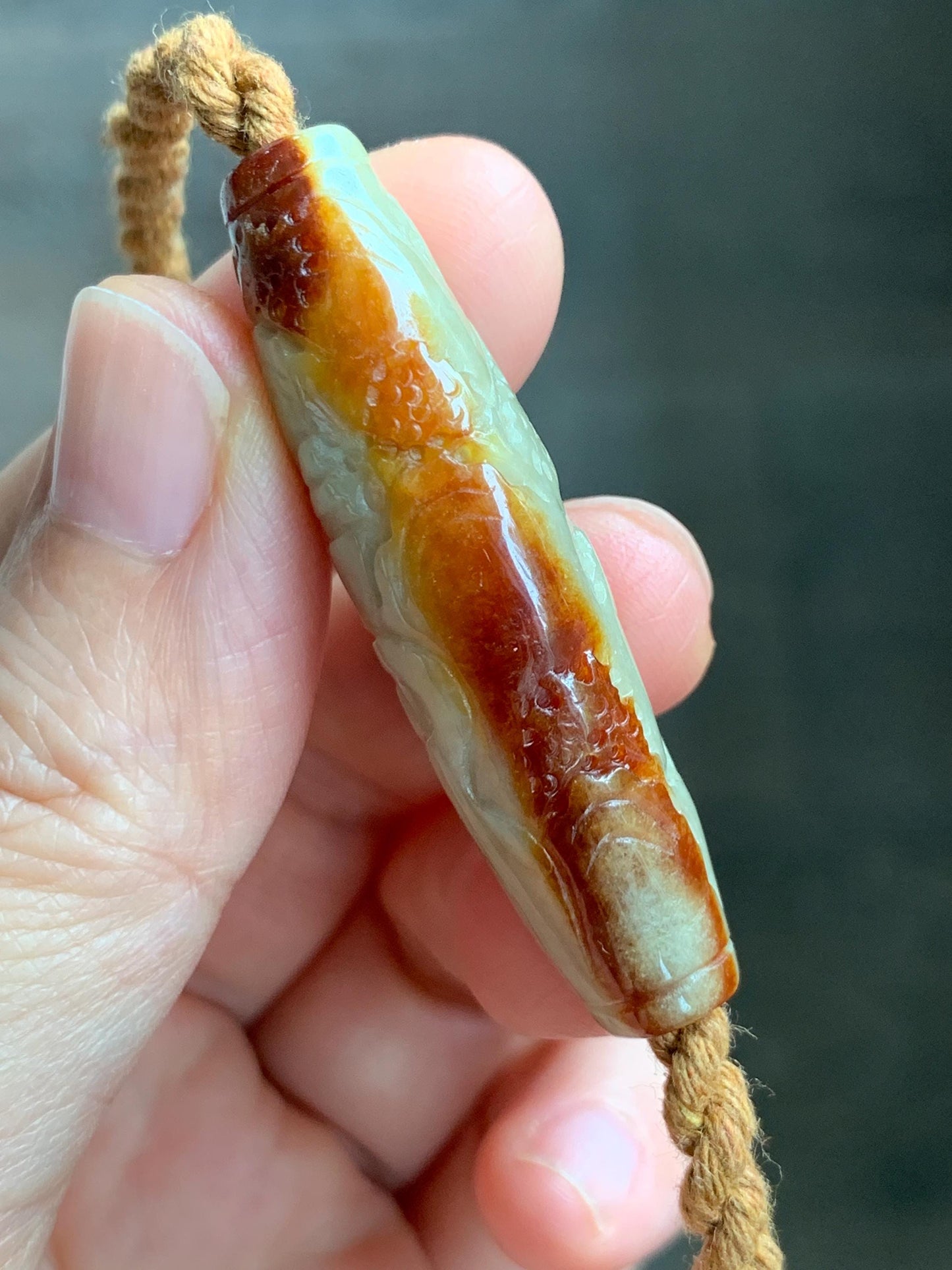 Certified Natural Grade A Icy Beige Honey Brown Marbled Jade Jadeite Engraved Shan Shui Barrel Bead Rope Necklace 18” 17g 天然冰淡黄撒金翡翠山水桶珠吊坠481