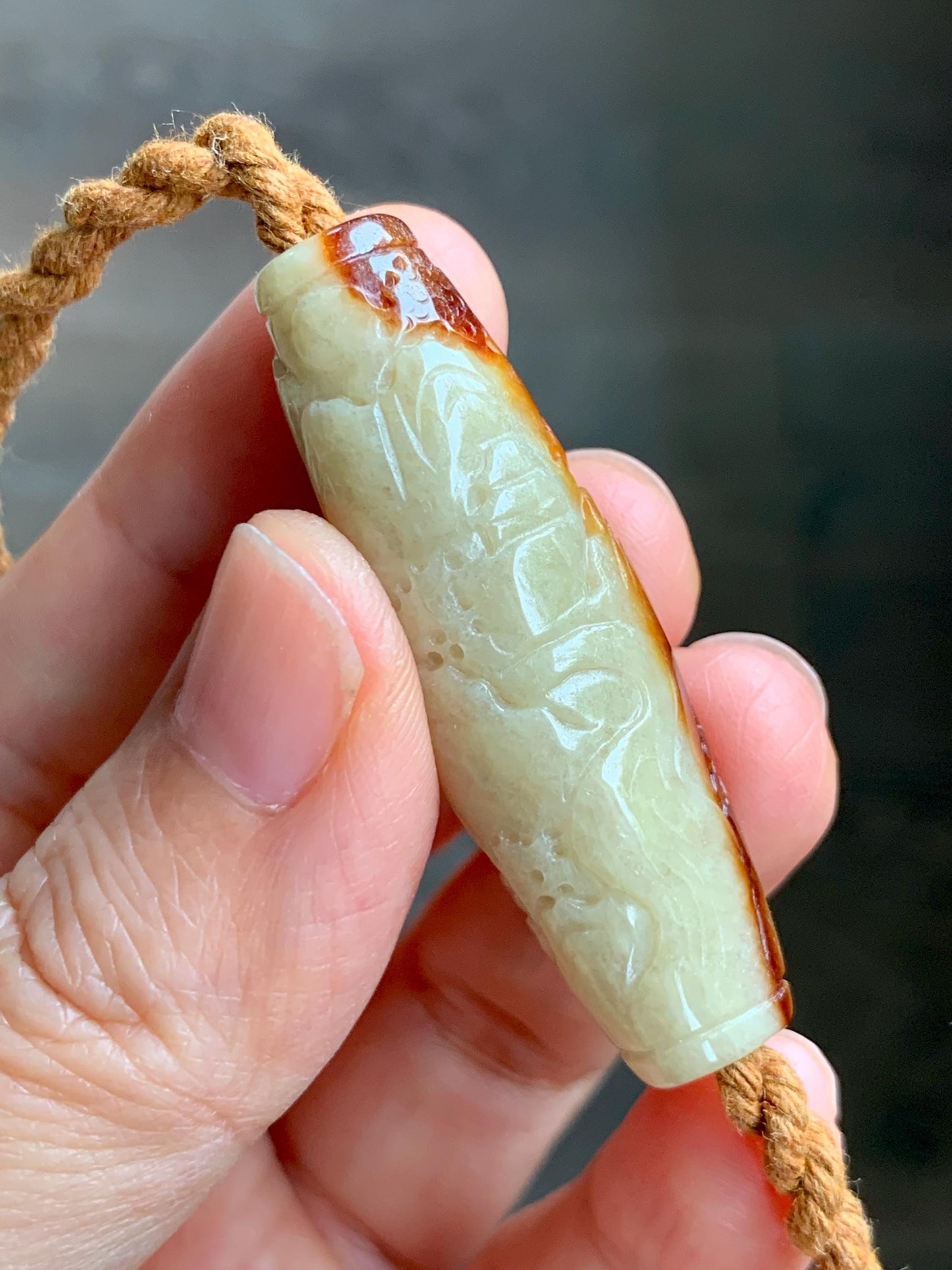 Certified Natural Grade A Icy Beige Honey Brown Marbled Jade Jadeite Engraved Shan Shui Barrel Bead Rope Necklace 18” 17g 天然冰淡黄撒金翡翠山水桶珠吊坠481