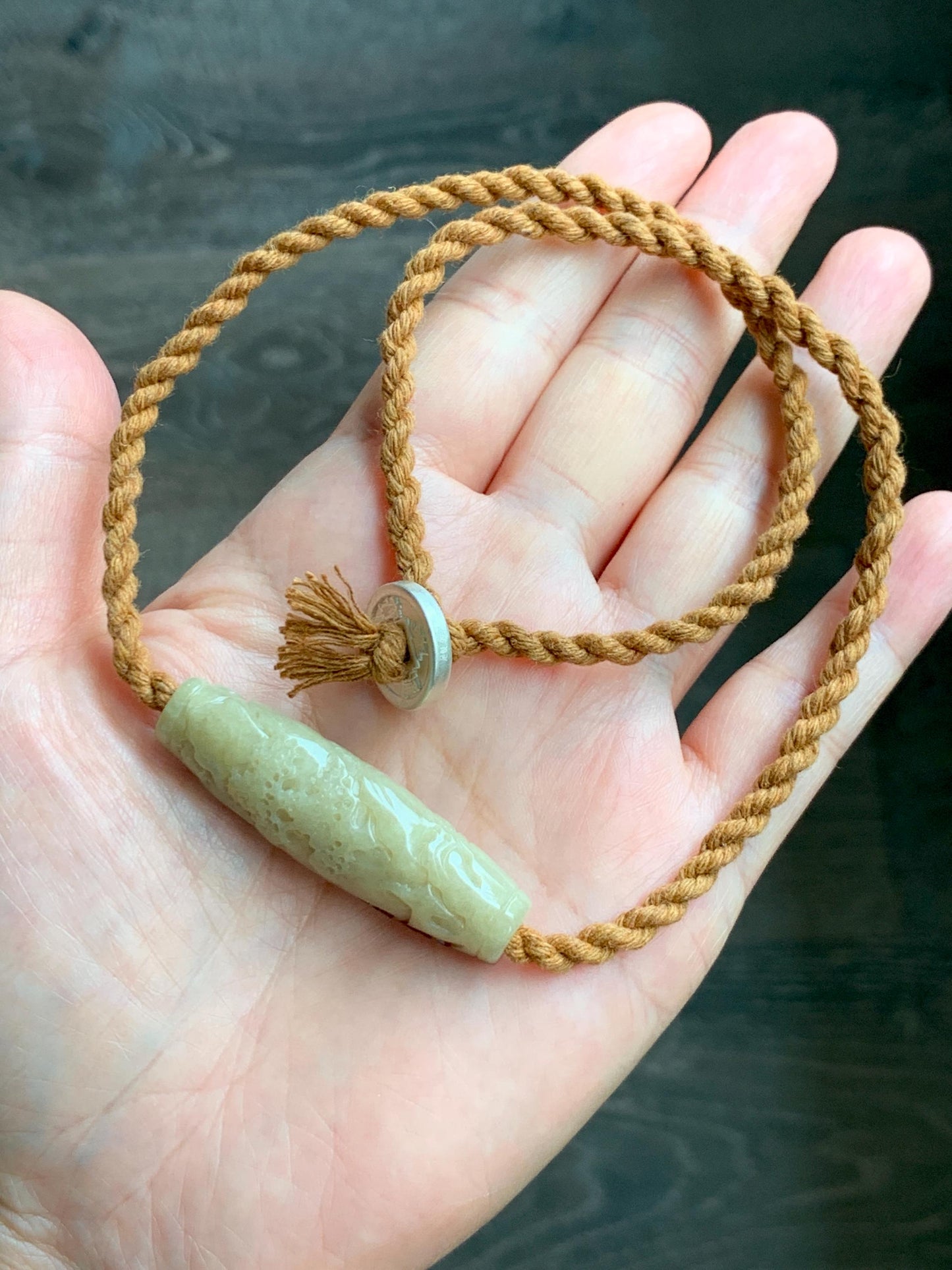 Certified Natural Grade A Icy Beige Honey Brown Marbled Jade Jadeite Engraved Shan Shui Barrel Bead Rope Necklace 18” 17g 天然冰淡黄撒金翡翠山水桶珠吊坠481