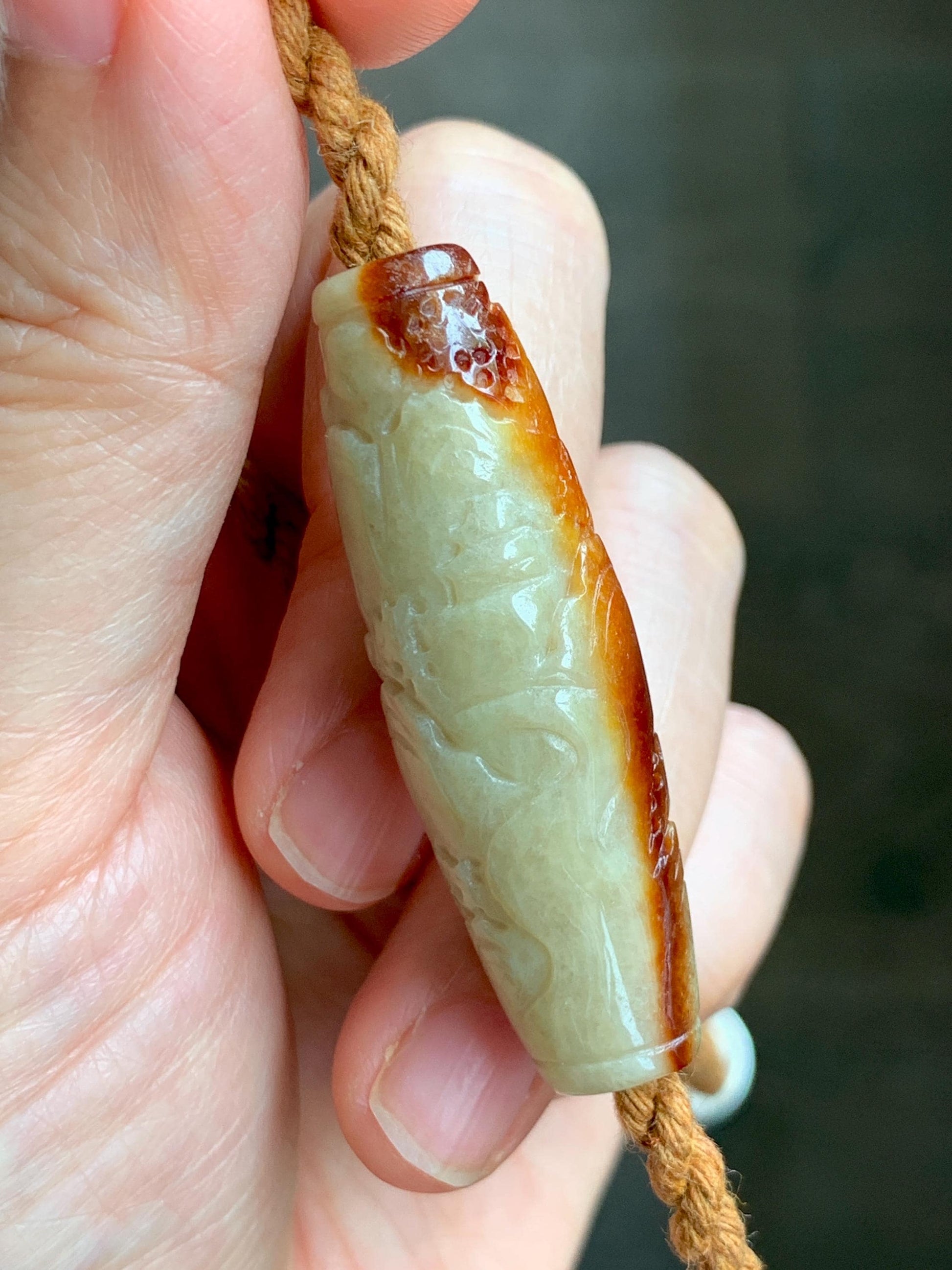Certified Natural Grade A Icy Beige Honey Brown Marbled Jade Jadeite Engraved Shan Shui Barrel Bead Rope Necklace 18” 17g 天然冰淡黄撒金翡翠山水桶珠吊坠481