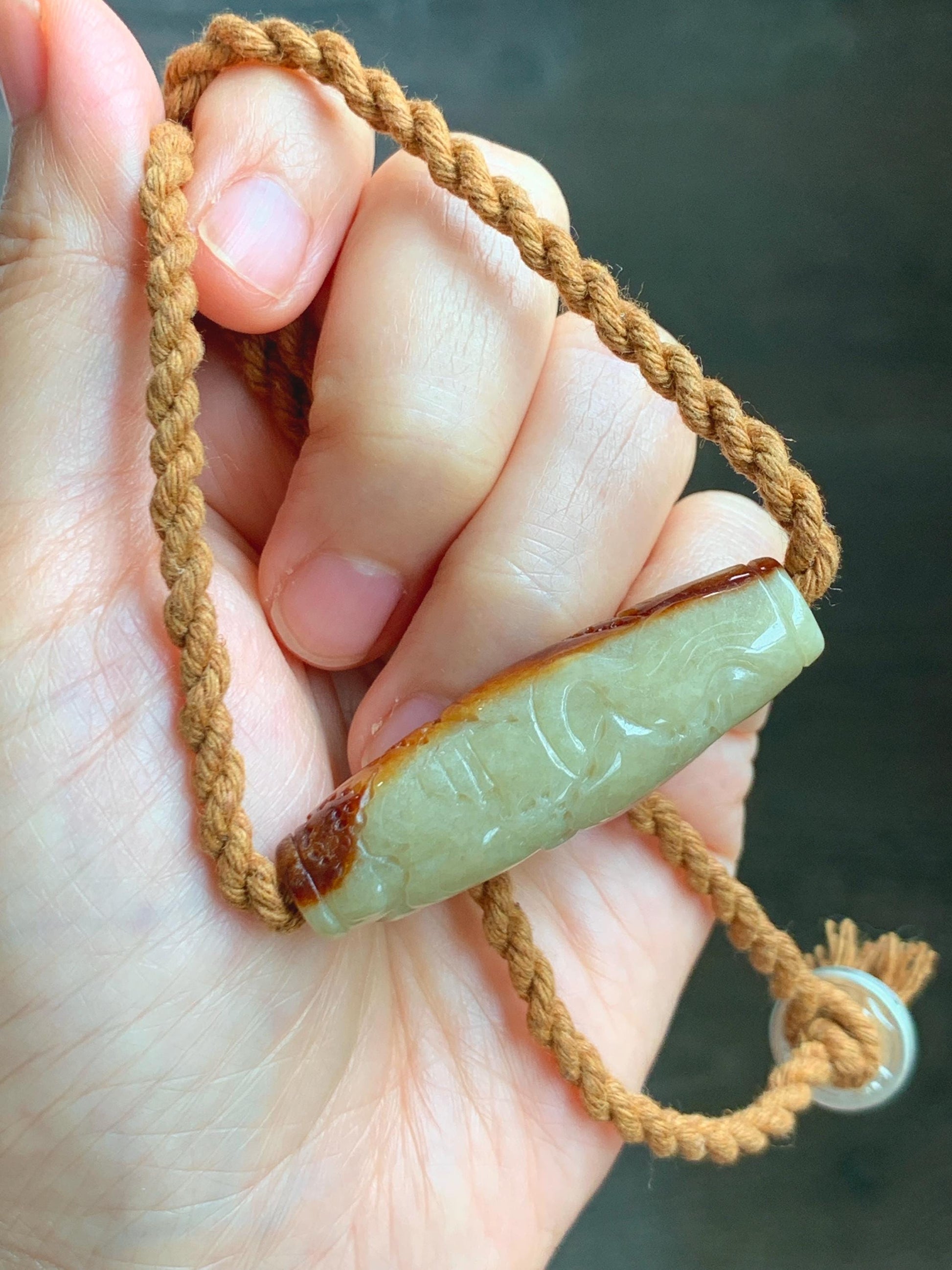 Certified Natural Grade A Icy Beige Honey Brown Marbled Jade Jadeite Engraved Shan Shui Barrel Bead Rope Necklace 18” 17g 天然冰淡黄撒金翡翠山水桶珠吊坠481
