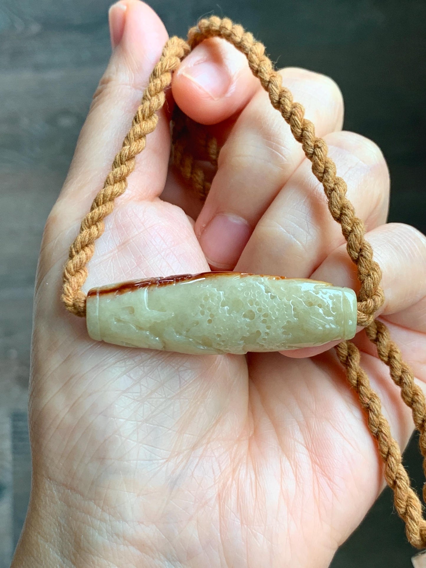 Certified Natural Grade A Icy Beige Honey Brown Marbled Jade Jadeite Engraved Shan Shui Barrel Bead Rope Necklace 18” 17g 天然冰淡黄撒金翡翠山水桶珠吊坠481