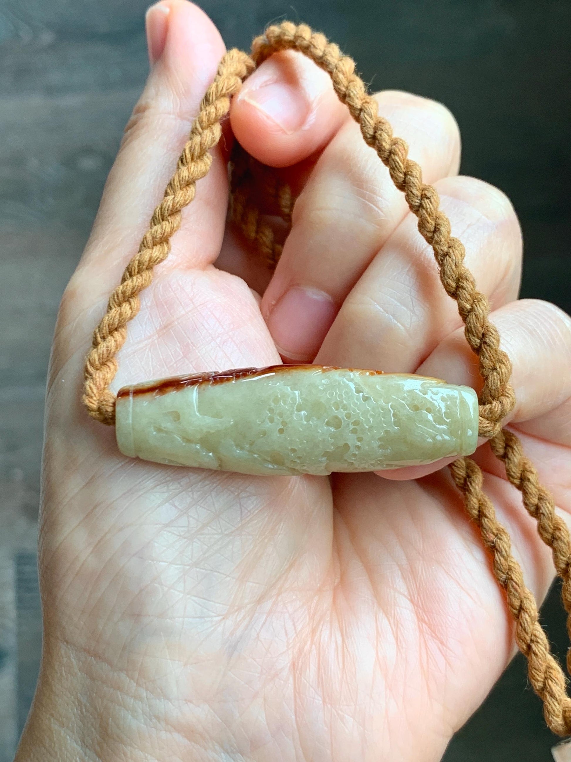 Certified Natural Grade A Icy Beige Honey Brown Marbled Jade Jadeite Engraved Shan Shui Barrel Bead Rope Necklace 18” 17g 天然冰淡黄撒金翡翠山水桶珠吊坠481