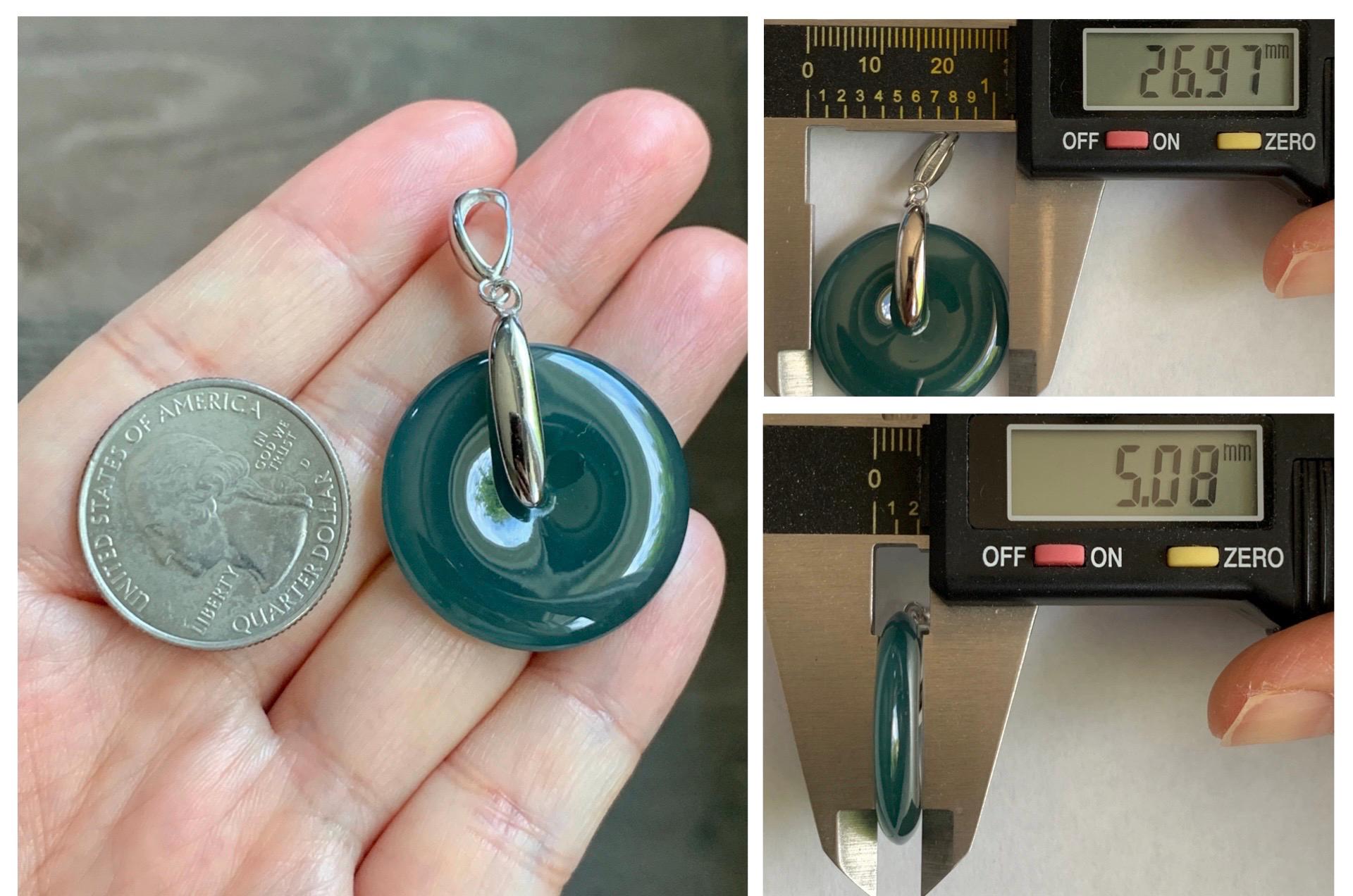 Natural Grade A Guatemalan Icy Translucent Dark Teal Blue Jade Jadeite Ping An Kou Donut Pendant Sterling Silver 9g 天然冰危深蓝翡翠平安扣吊坠 WLK135
