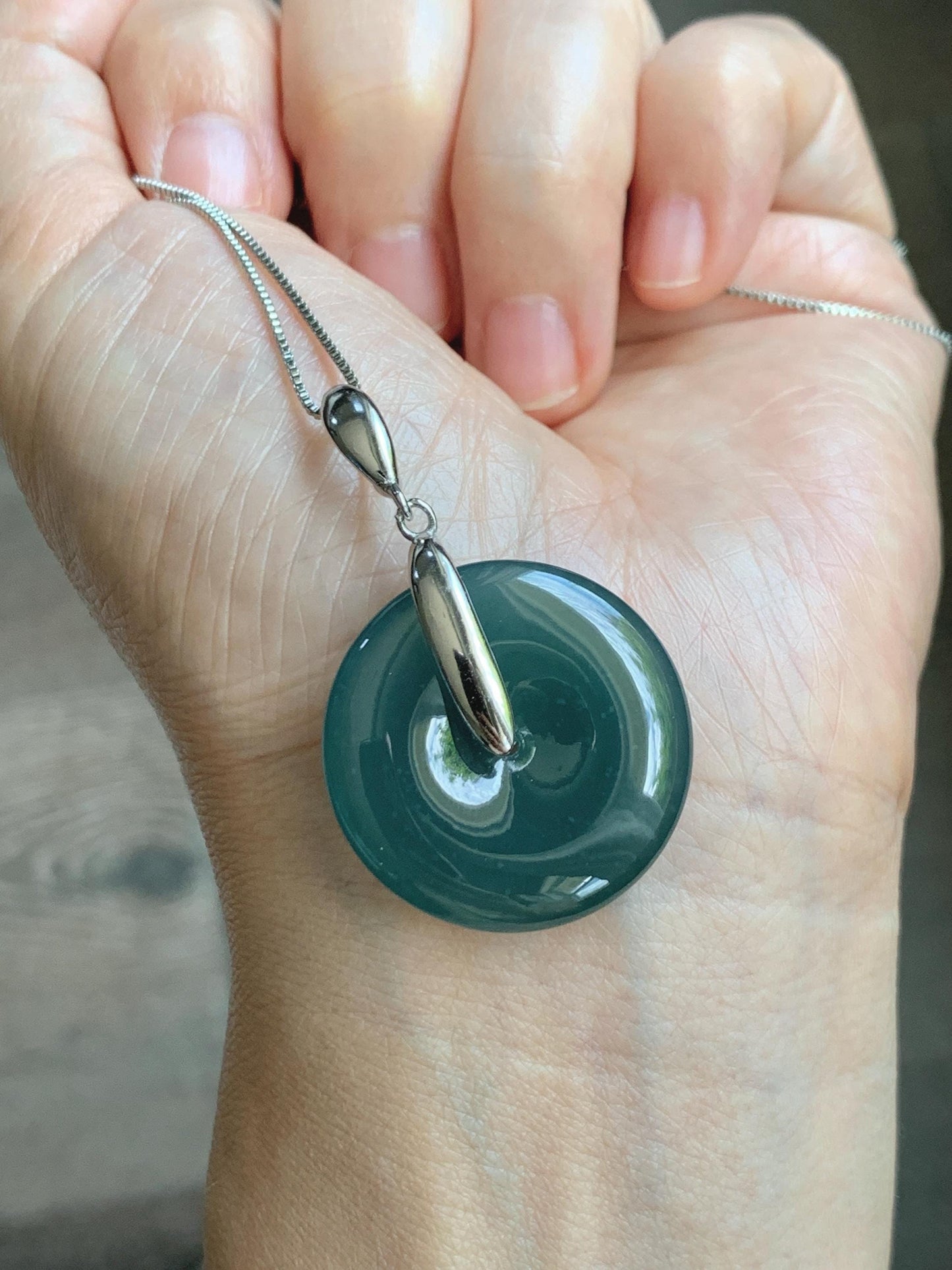 Natural Grade A Guatemalan Icy Translucent Dark Teal Blue Jade Jadeite Ping An Kou Donut Pendant Sterling Silver 9g 天然冰危深蓝翡翠平安扣吊坠 WLK135