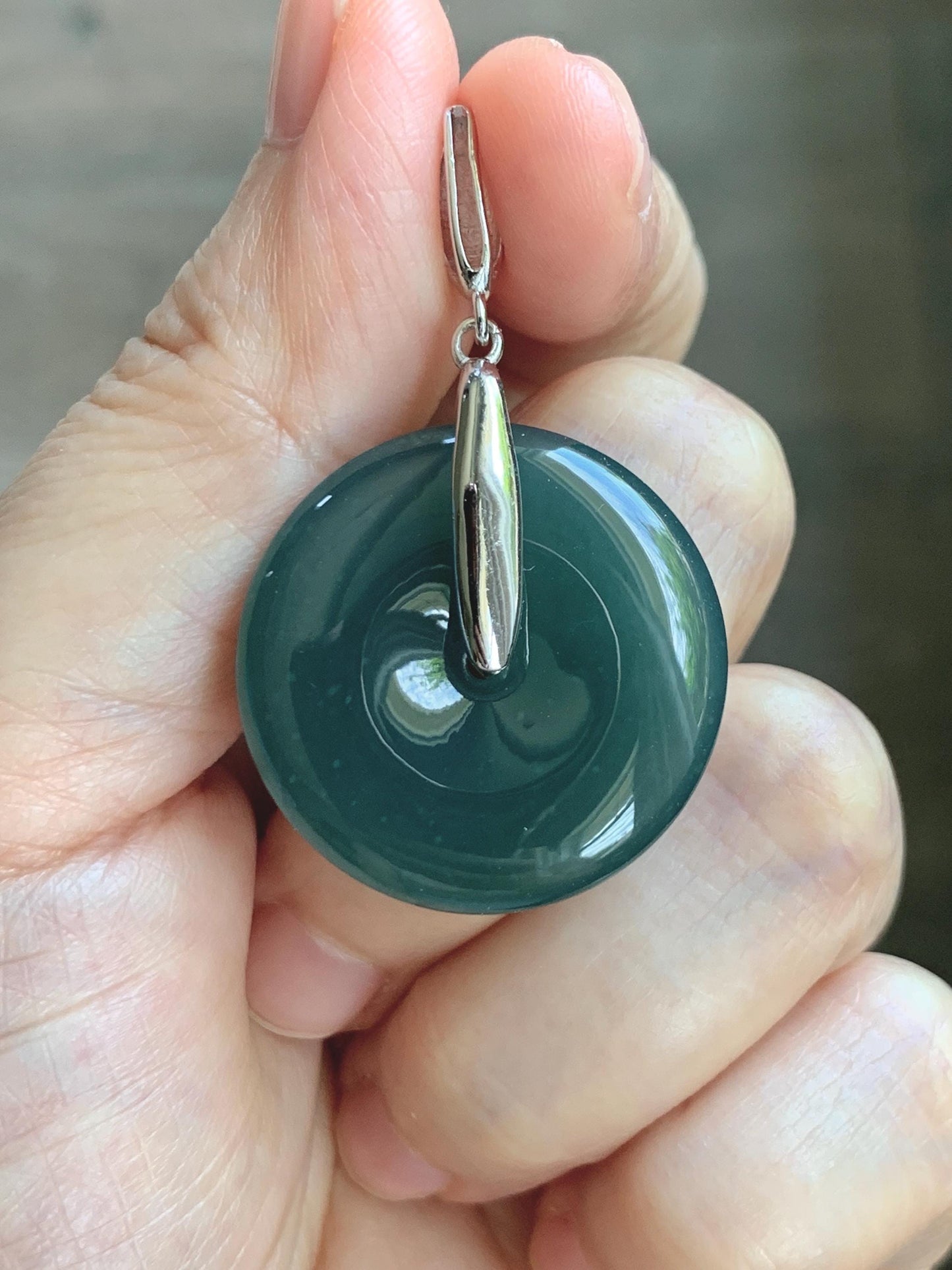 Natural Grade A Guatemalan Icy Translucent Dark Teal Blue Jade Jadeite Ping An Kou Donut Pendant Sterling Silver 9g 天然冰危深蓝翡翠平安扣吊坠 WLK135