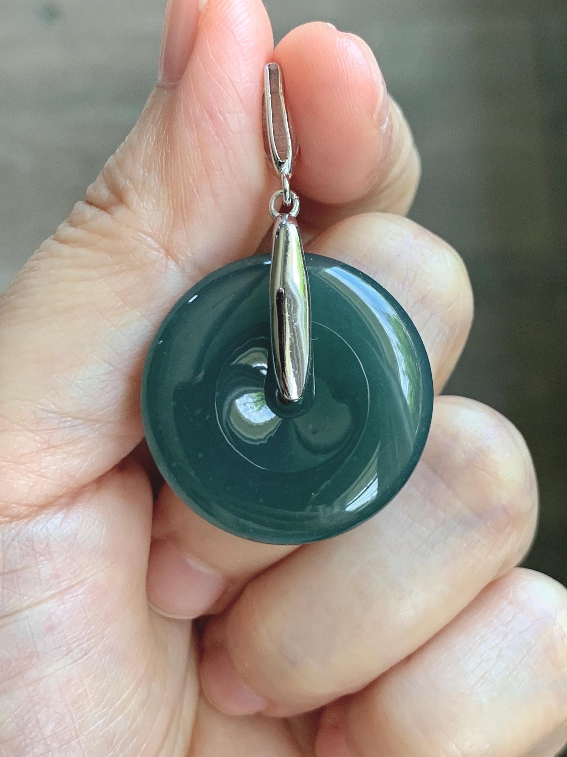 Natural Grade A Guatemalan Icy Translucent Dark Teal Blue Jade Jadeite Ping An Kou Donut Pendant Sterling Silver 9g 天然冰危深蓝翡翠平安扣吊坠 WLK135