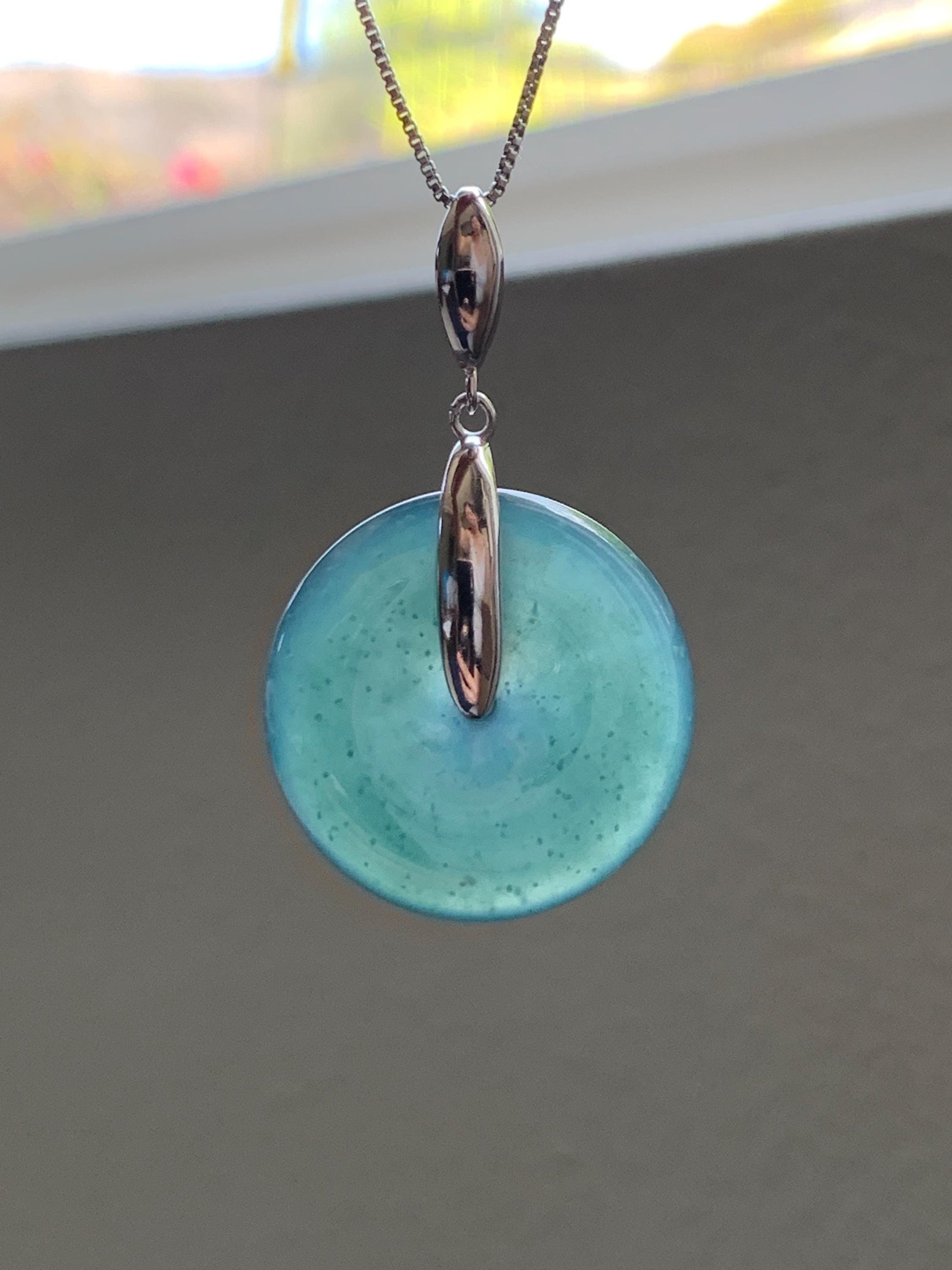 Natural Grade A Guatemalan Icy Translucent Dark Teal Blue Jade Jadeite Ping An Kou Donut Pendant Sterling Silver 9g 天然冰危深蓝翡翠平安扣吊坠 WLK135