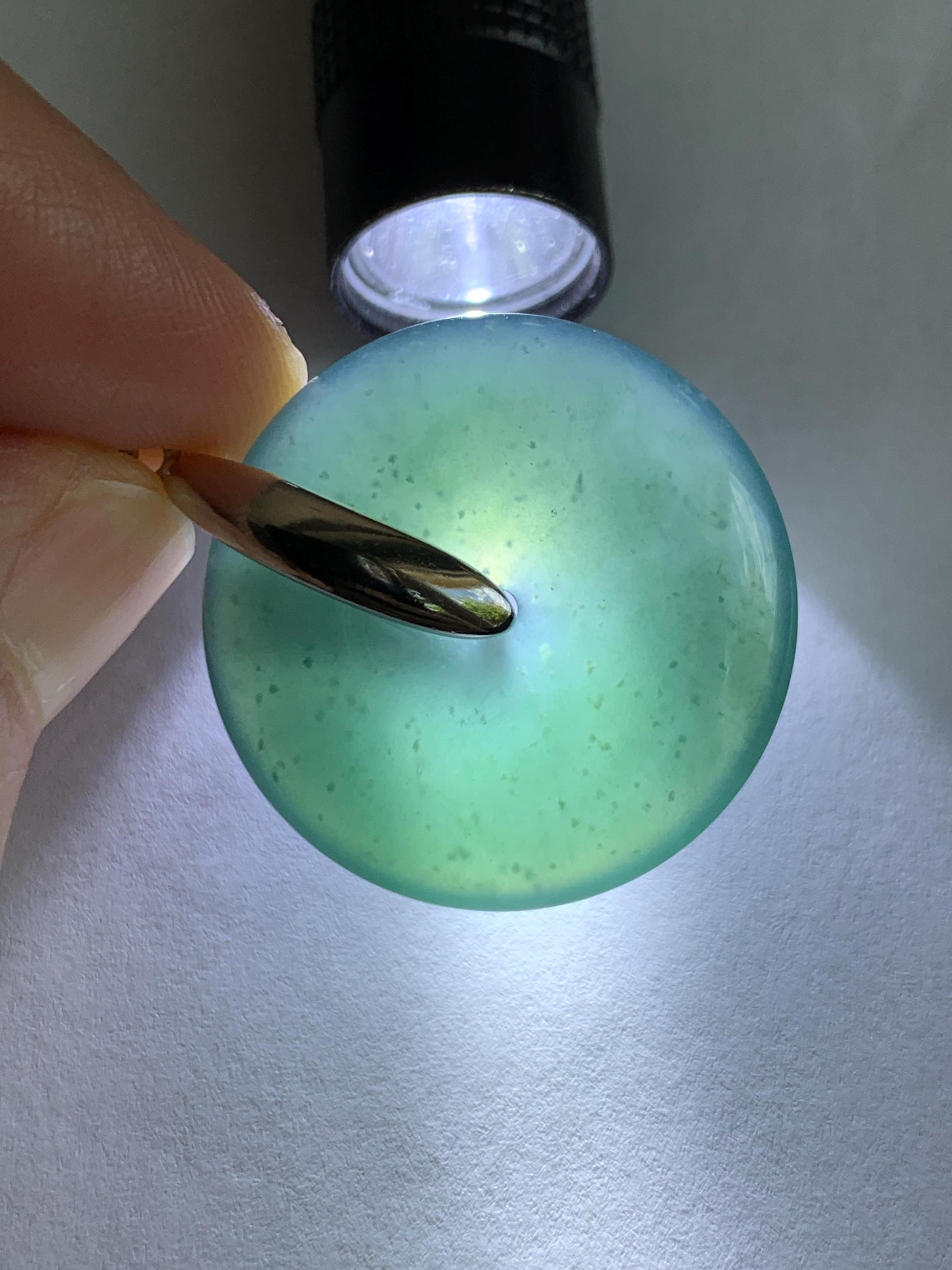 Natural Grade A Guatemalan Icy Translucent Dark Teal Blue Jade Jadeite Ping An Kou Donut Pendant Sterling Silver 9g 天然冰危深蓝翡翠平安扣吊坠 WLK135