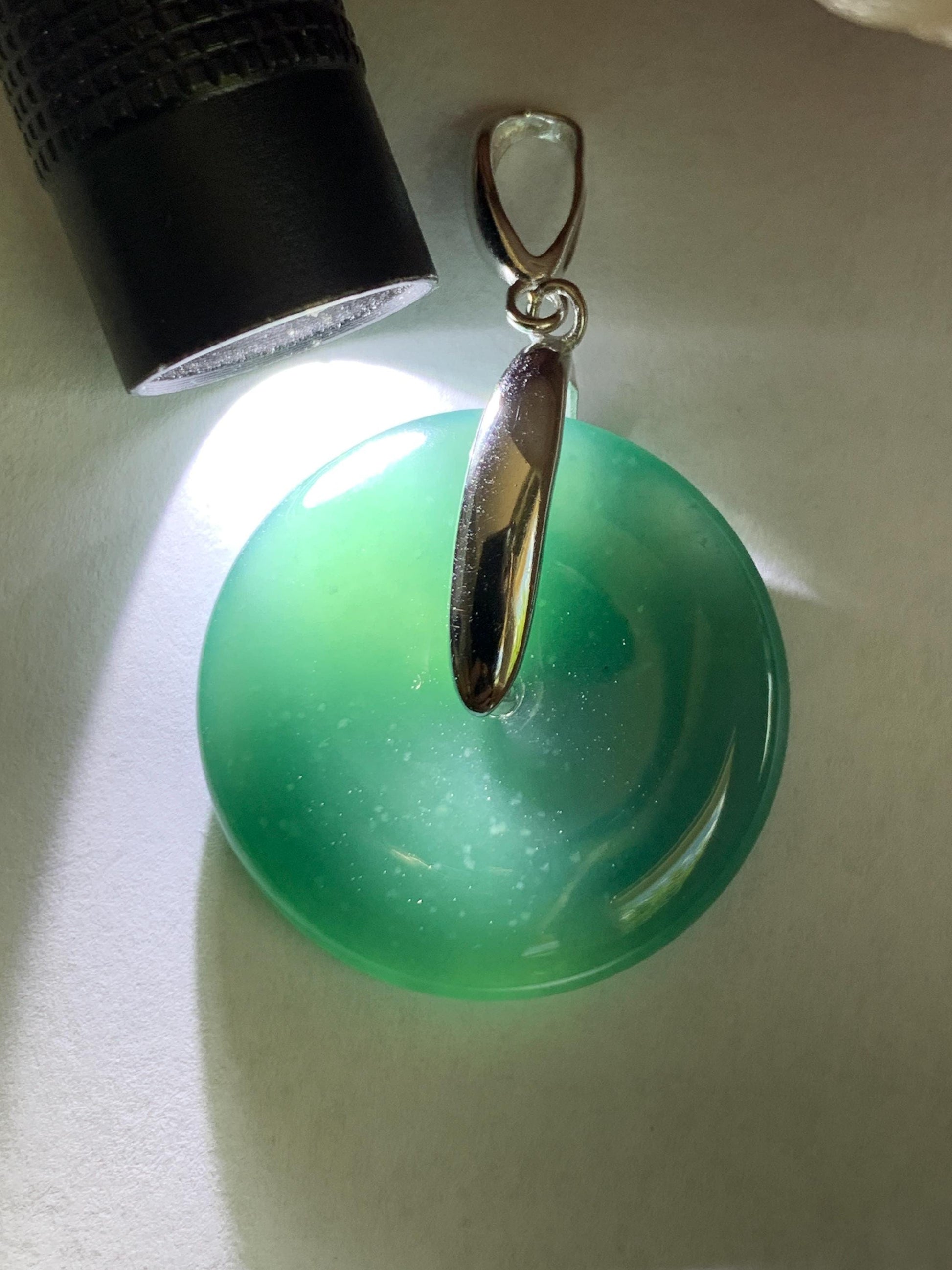 Natural Grade A Guatemalan Icy Translucent Dark Teal Blue Jade Jadeite Ping An Kou Donut Pendant Sterling Silver 9g 天然冰危深蓝翡翠平安扣吊坠 WLK135