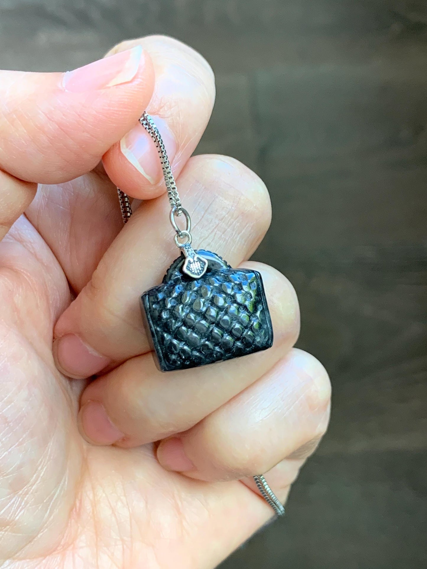 Natural Grade A Dark Wuji Jade Jadeite Carved Handbag Pendant Sterling Silver 7g 天然深色乌鸡翡翠包包银镶吊坠 MWJ70