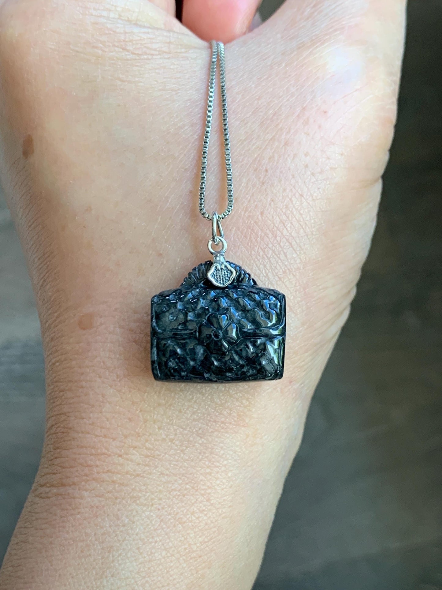 Natural Grade A Dark Wuji Jade Jadeite Carved Handbag Pendant Sterling Silver 7g 天然深色乌鸡翡翠包包银镶吊坠 MWJ70