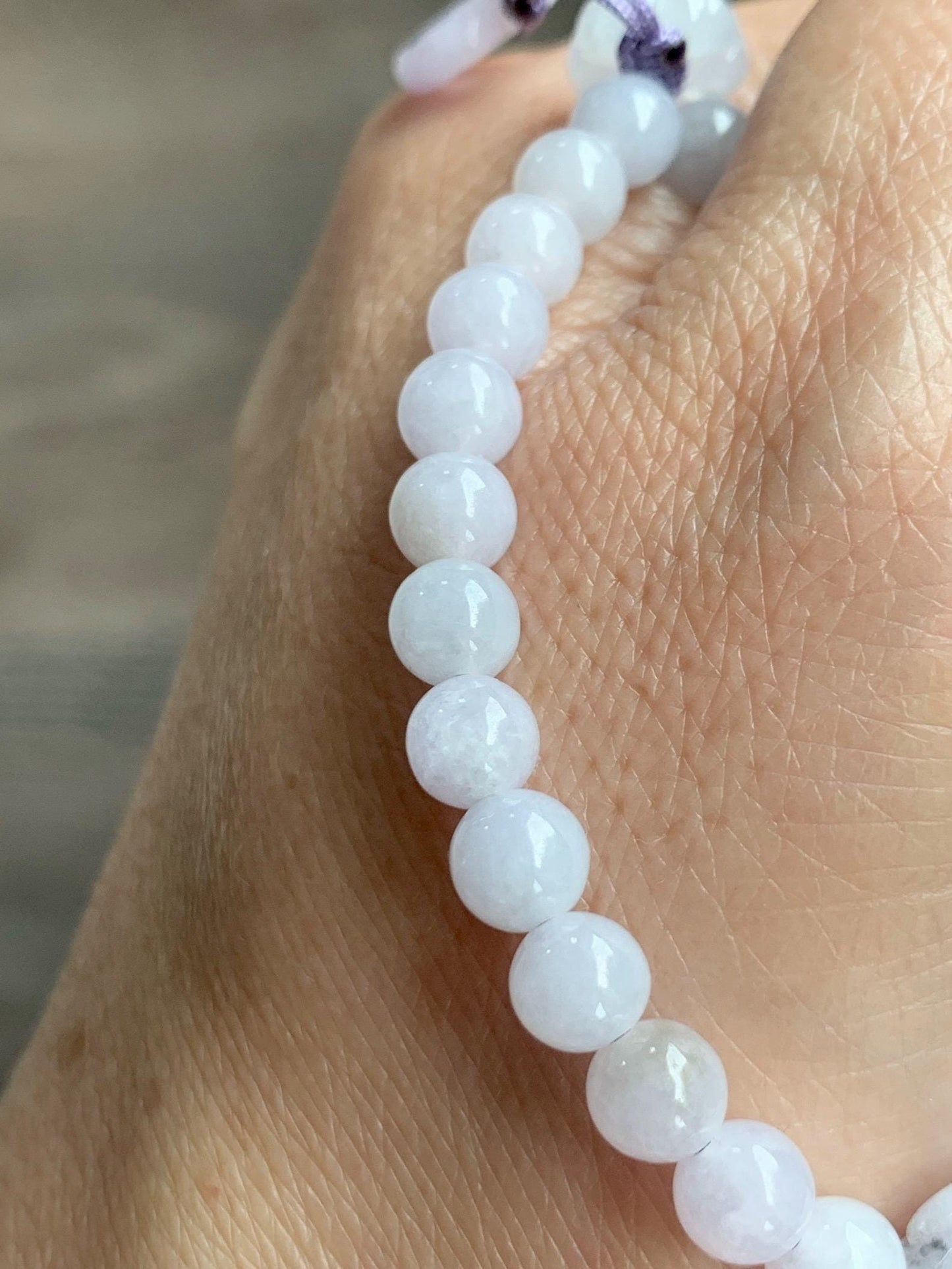 Natural Grade A Icy Translucent Pale Purple Wuji Marbled Jade Jadeite Lotus Flower & Beads Beaded Bracelet 6.75" 天然冰淡紫乌鸡翡翠莲花手串 MWZ295