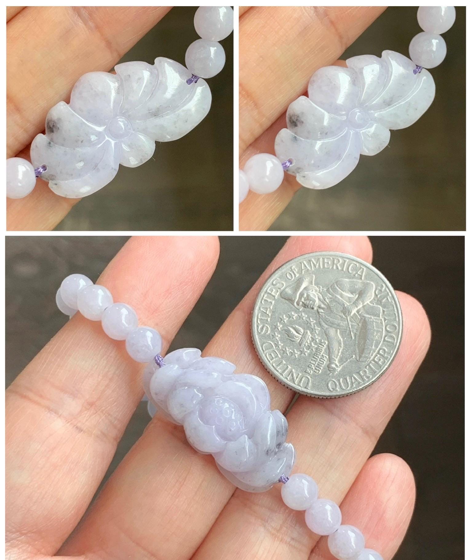 Natural Grade A Icy Translucent Pale Purple Wuji Marbled Jade Jadeite Lotus Flower & Beads Beaded Bracelet 6.75" 天然冰淡紫乌鸡翡翠莲花手串 MWZ295