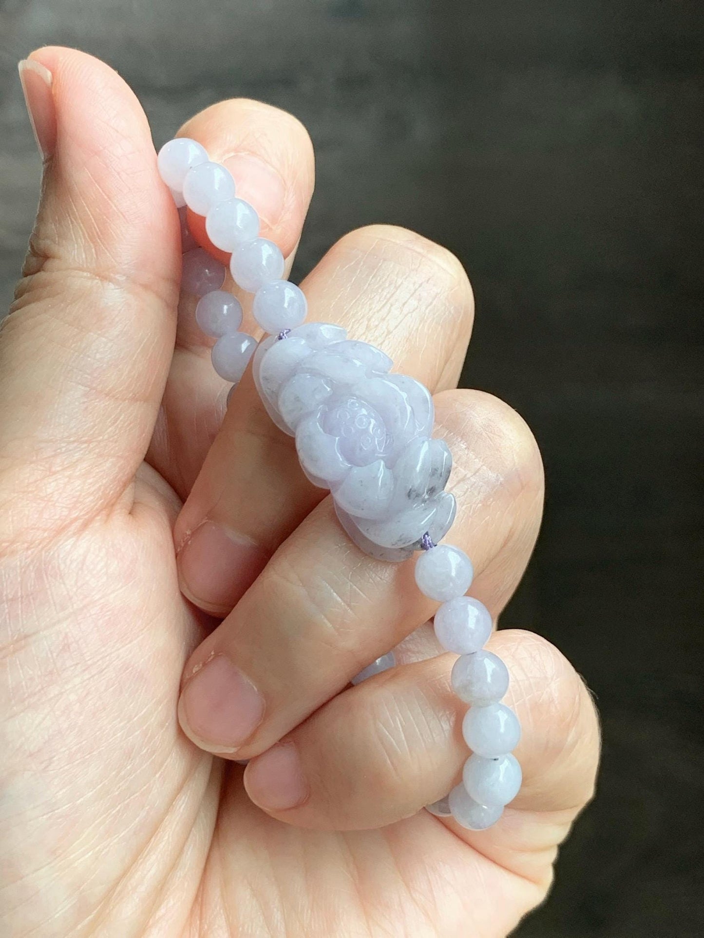 Natural Grade A Icy Translucent Pale Purple Wuji Marbled Jade Jadeite Lotus Flower & Beads Beaded Bracelet 6.75" 天然冰淡紫乌鸡翡翠莲花手串 MWZ295