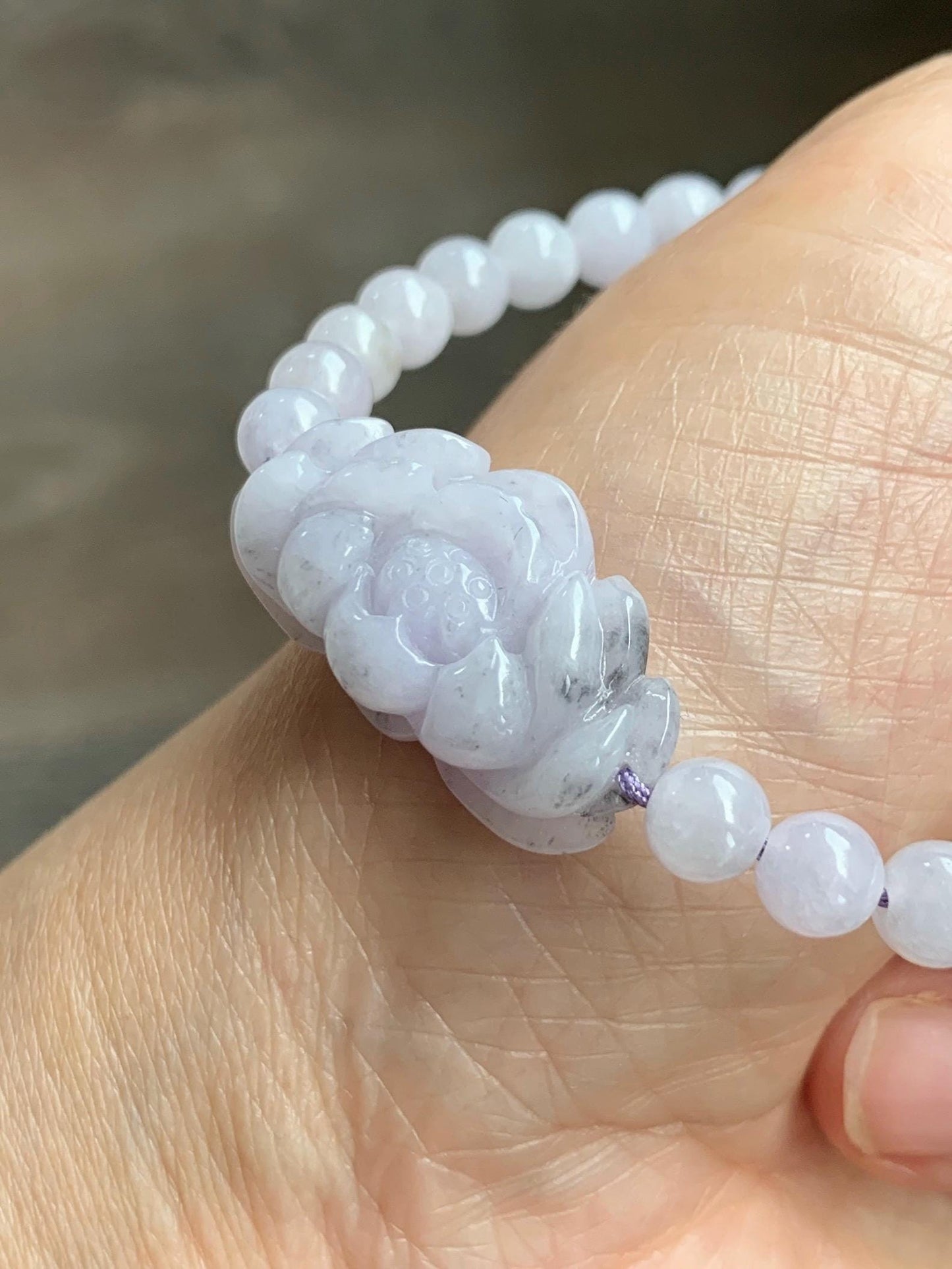 Natural Grade A Icy Translucent Pale Purple Wuji Marbled Jade Jadeite Lotus Flower & Beads Beaded Bracelet 6.75" 天然冰淡紫乌鸡翡翠莲花手串 MWZ295