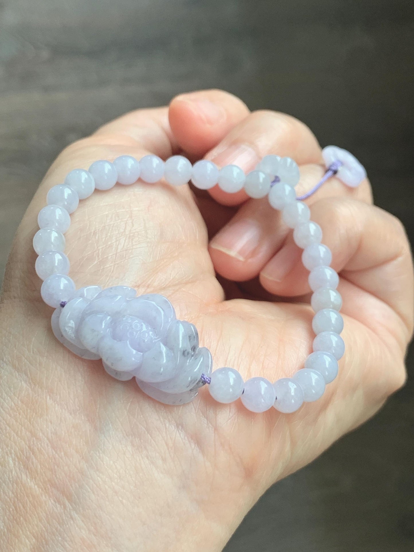 Natural Grade A Icy Translucent Pale Purple Wuji Marbled Jade Jadeite Lotus Flower & Beads Beaded Bracelet 6.75" 天然冰淡紫乌鸡翡翠莲花手串 MWZ295