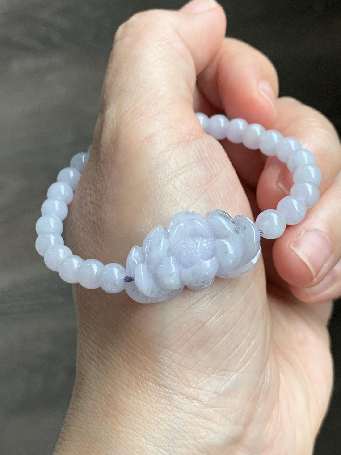 Natural Grade A Icy Translucent Pale Purple Wuji Marbled Jade Jadeite Lotus Flower & Beads Beaded Bracelet 6.75" 天然冰淡紫乌鸡翡翠莲花手串 MWZ295