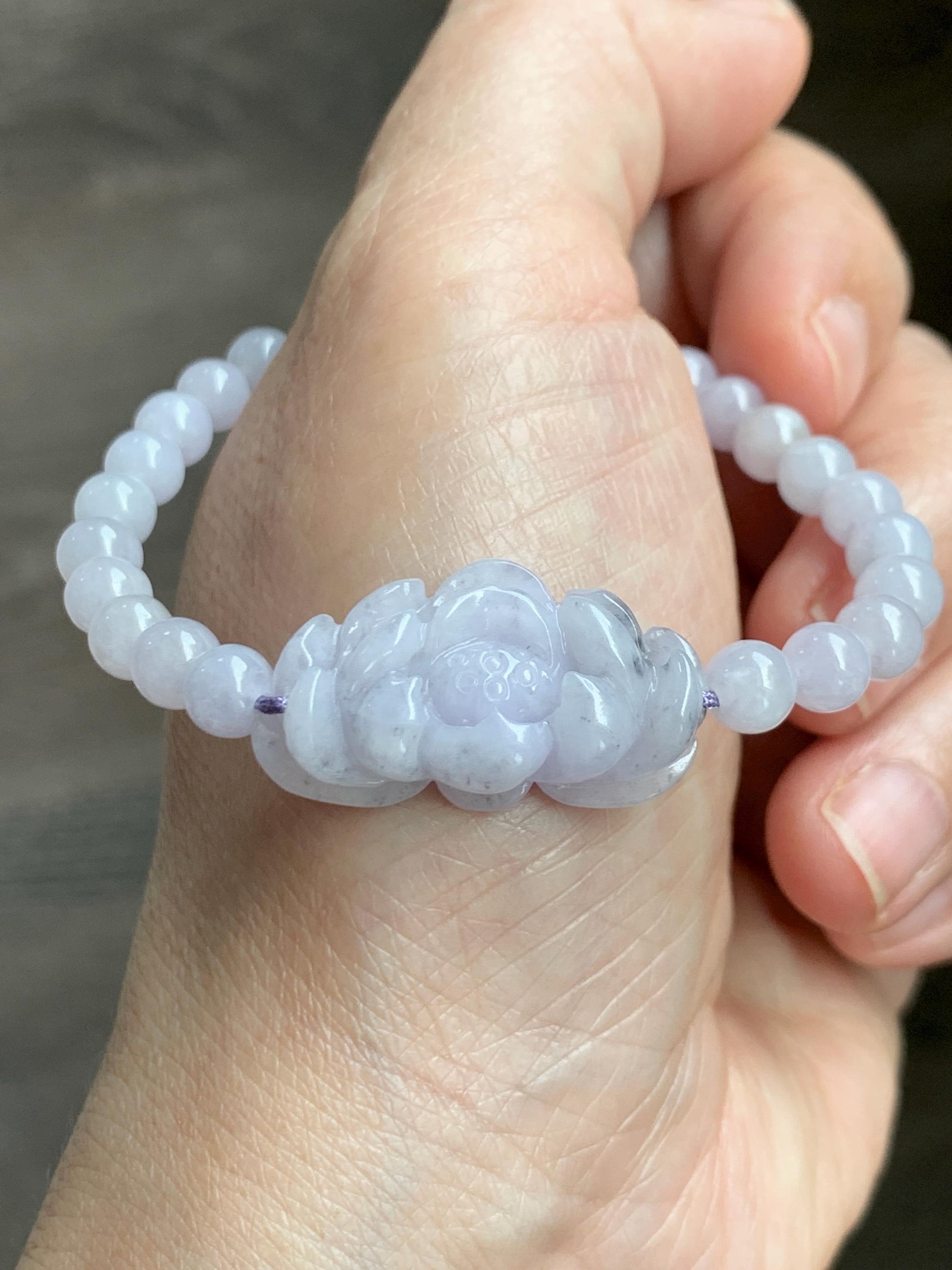 Natural Grade A Icy Translucent Pale Purple Wuji Marbled Jade Jadeite Lotus Flower & Beads Beaded Bracelet 6.75" 天然冰淡紫乌鸡翡翠莲花手串 MWZ295