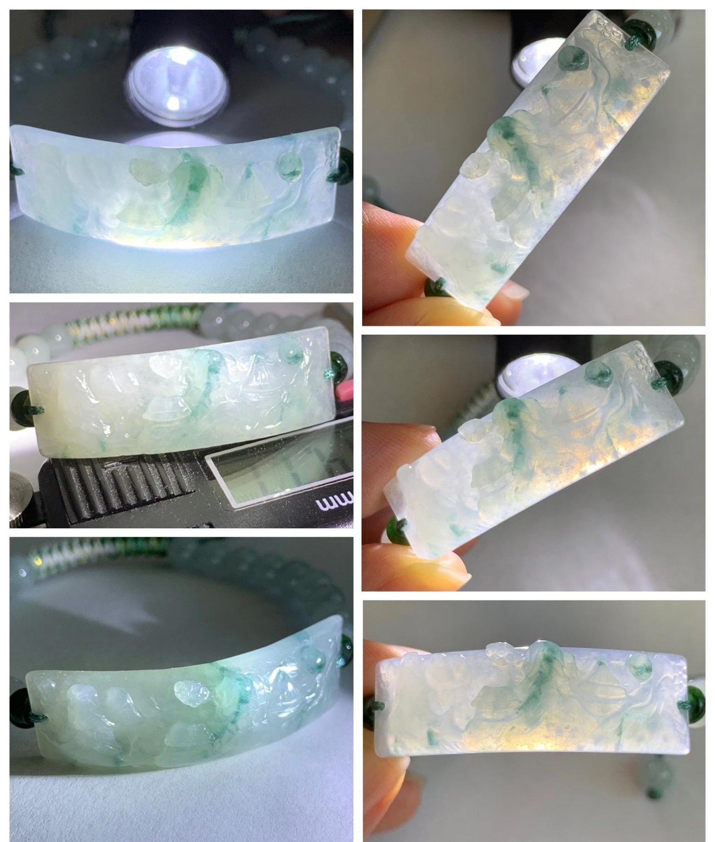 Certified Natural Grade A Icy Translucent Teal Green Marbled Jade Jadeite Carved Shan Shui Cuff Beaded Bracelet 6.75” 13g 天然冰胶飘花翡翠山水牌手绳 1155