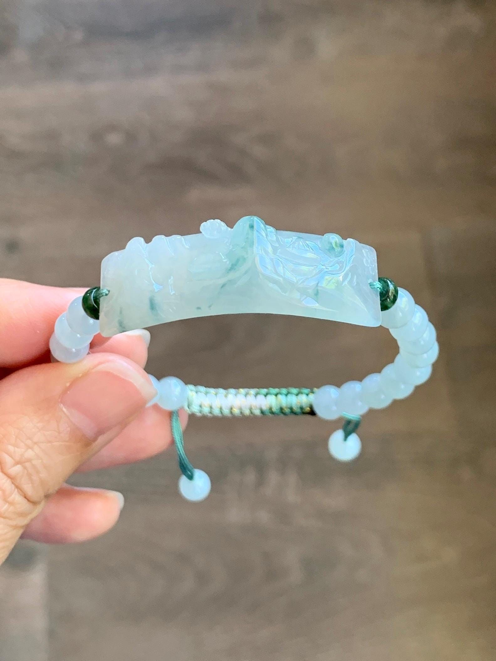 Certified Natural Grade A Icy Translucent Teal Green Marbled Jade Jadeite Carved Shan Shui Cuff Beaded Bracelet 6.75” 13g 天然冰胶飘花翡翠山水牌手绳 1155