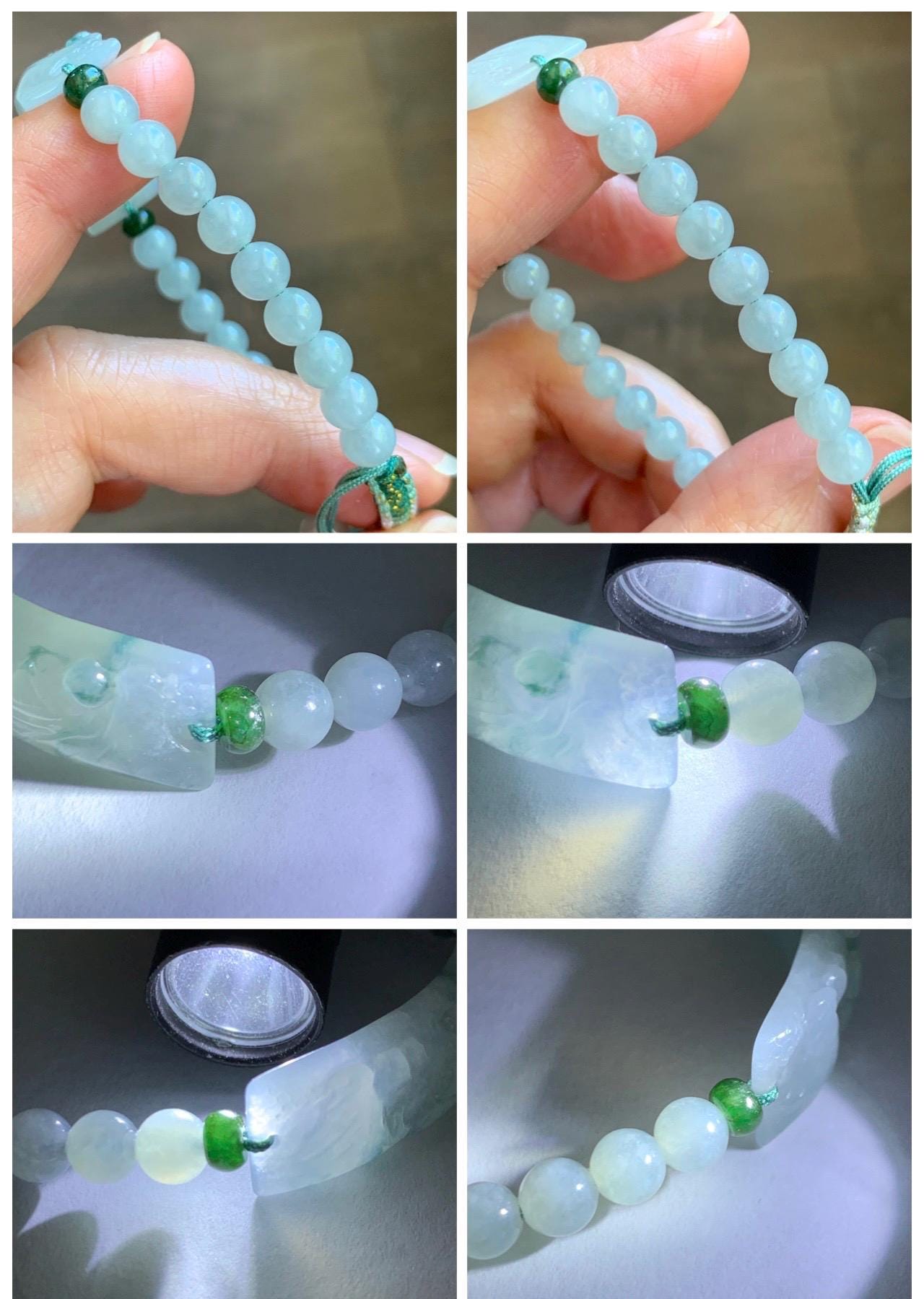 Certified Natural Grade A Icy Translucent Teal Green Marbled Jade Jadeite Carved Shan Shui Cuff Beaded Bracelet 6.75” 13g 天然冰胶飘花翡翠山水牌手绳 1155
