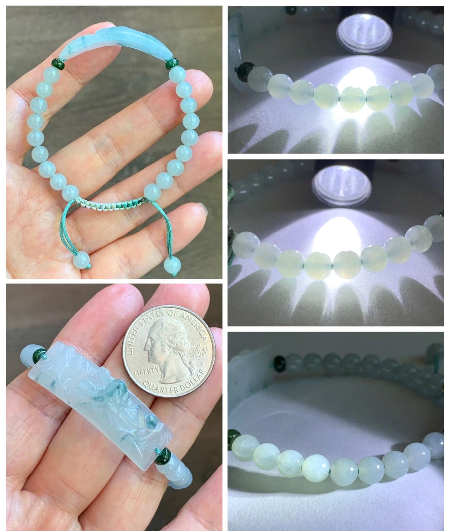 Certified Natural Grade A Icy Translucent Teal Green Marbled Jade Jadeite Carved Shan Shui Cuff Beaded Bracelet 6.75” 13g 天然冰胶飘花翡翠山水牌手绳 1155