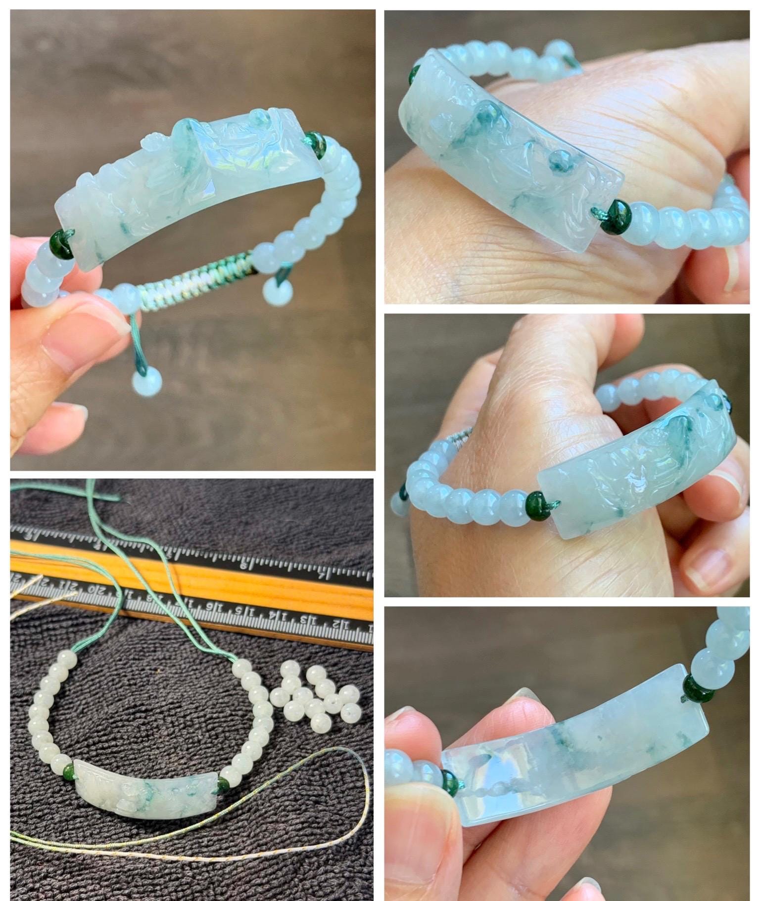 Certified Natural Grade A Icy Translucent Teal Green Marbled Jade Jadeite Carved Shan Shui Cuff Beaded Bracelet 6.75” 13g 天然冰胶飘花翡翠山水牌手绳 1155