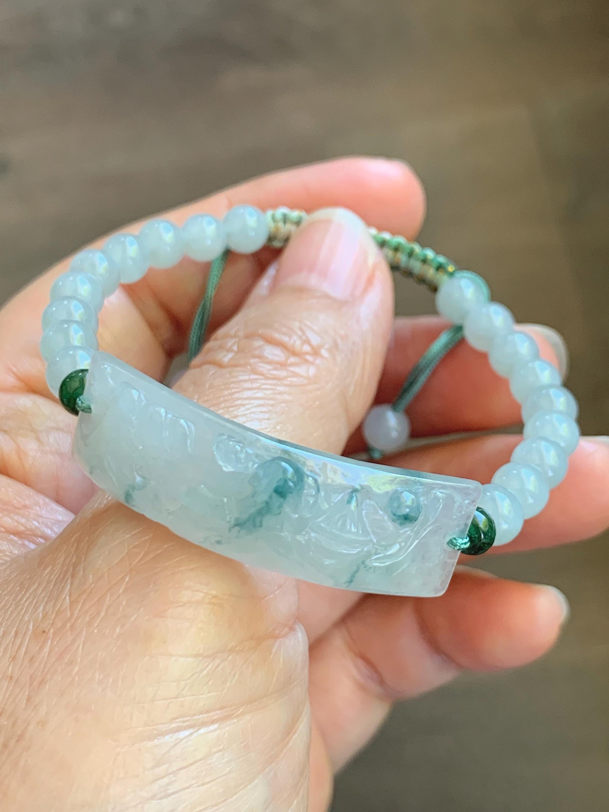 Certified Natural Grade A Icy Translucent Teal Green Marbled Jade Jadeite Carved Shan Shui Cuff Beaded Bracelet 6.75” 13g 天然冰胶飘花翡翠山水牌手绳 1155