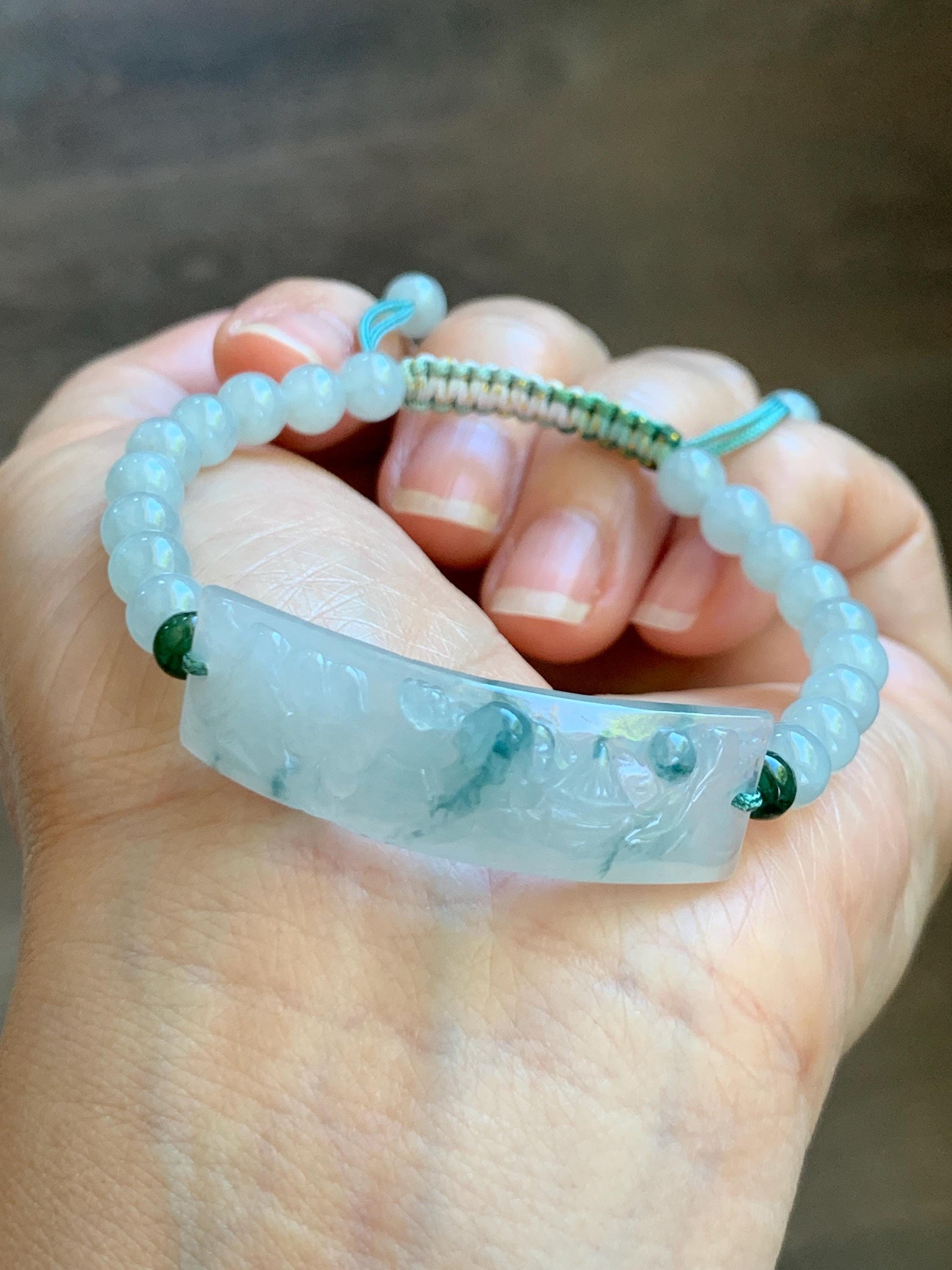 Certified Natural Grade A Icy Translucent Teal Green Marbled Jade Jadeite Carved Shan Shui Cuff Beaded Bracelet 6.75” 13g 天然冰胶飘花翡翠山水牌手绳 1155