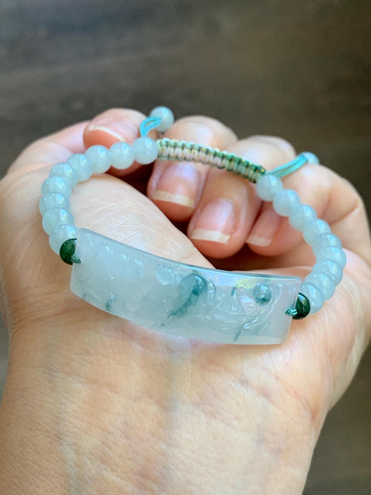Certified Natural Grade A Icy Translucent Teal Green Marbled Jade Jadeite Carved Shan Shui Cuff Beaded Bracelet 6.75” 13g 天然冰胶飘花翡翠山水牌手绳 1155