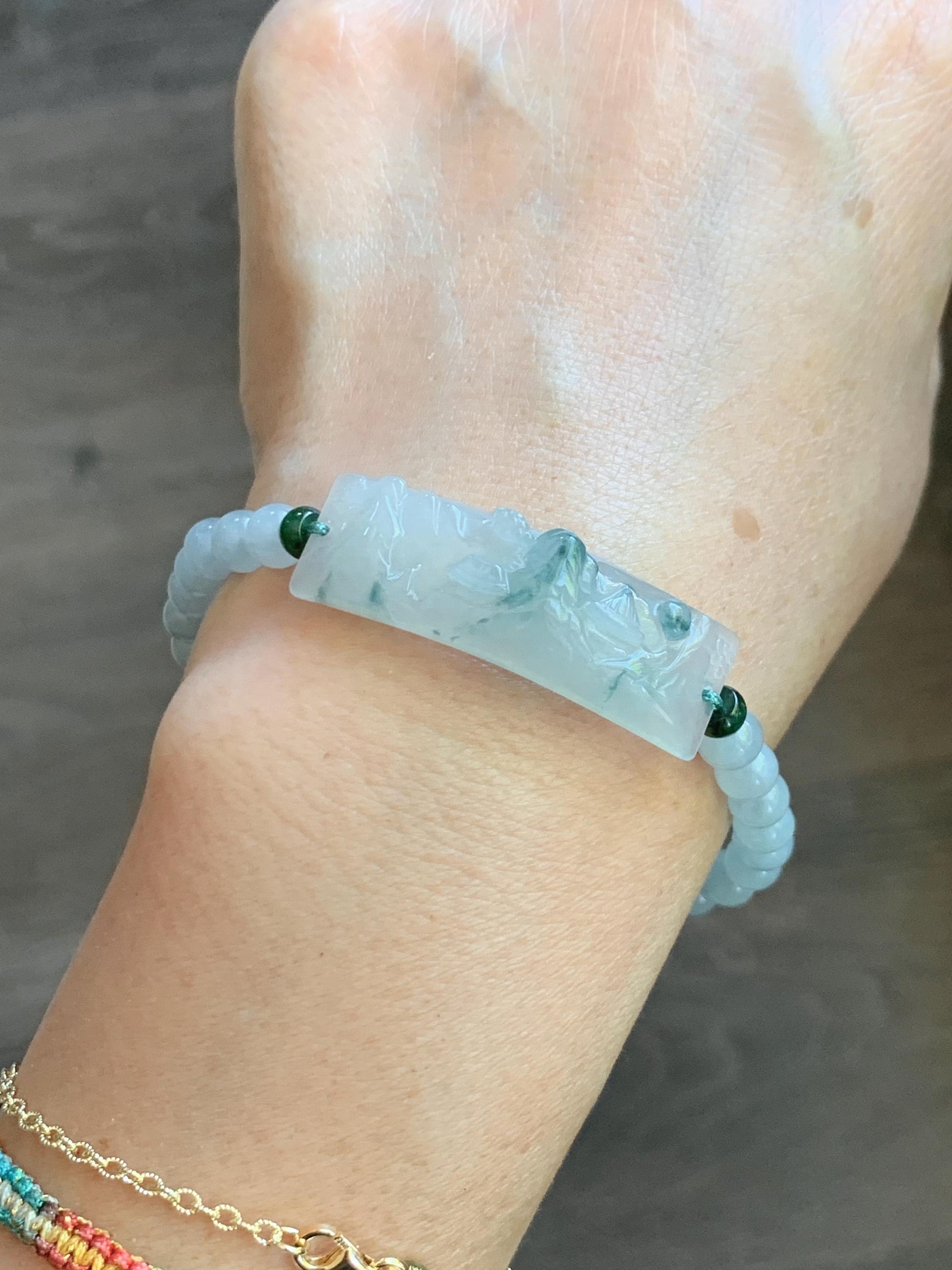 Certified Natural Grade A Icy Translucent Teal Green Marbled Jade Jadeite Carved Shan Shui Cuff Beaded Bracelet 6.75” 13g 天然冰胶飘花翡翠山水牌手绳 1155