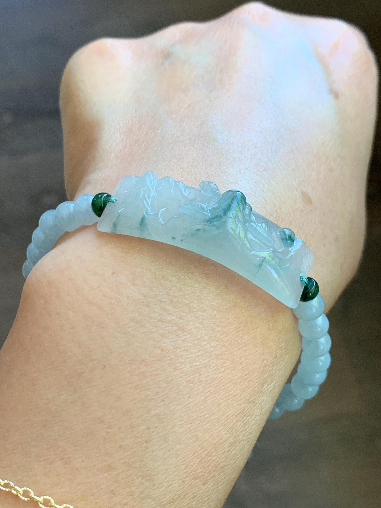 Certified Natural Grade A Icy Translucent Teal Green Marbled Jade Jadeite Carved Shan Shui Cuff Beaded Bracelet 6.75” 13g 天然冰胶飘花翡翠山水牌手绳 1155