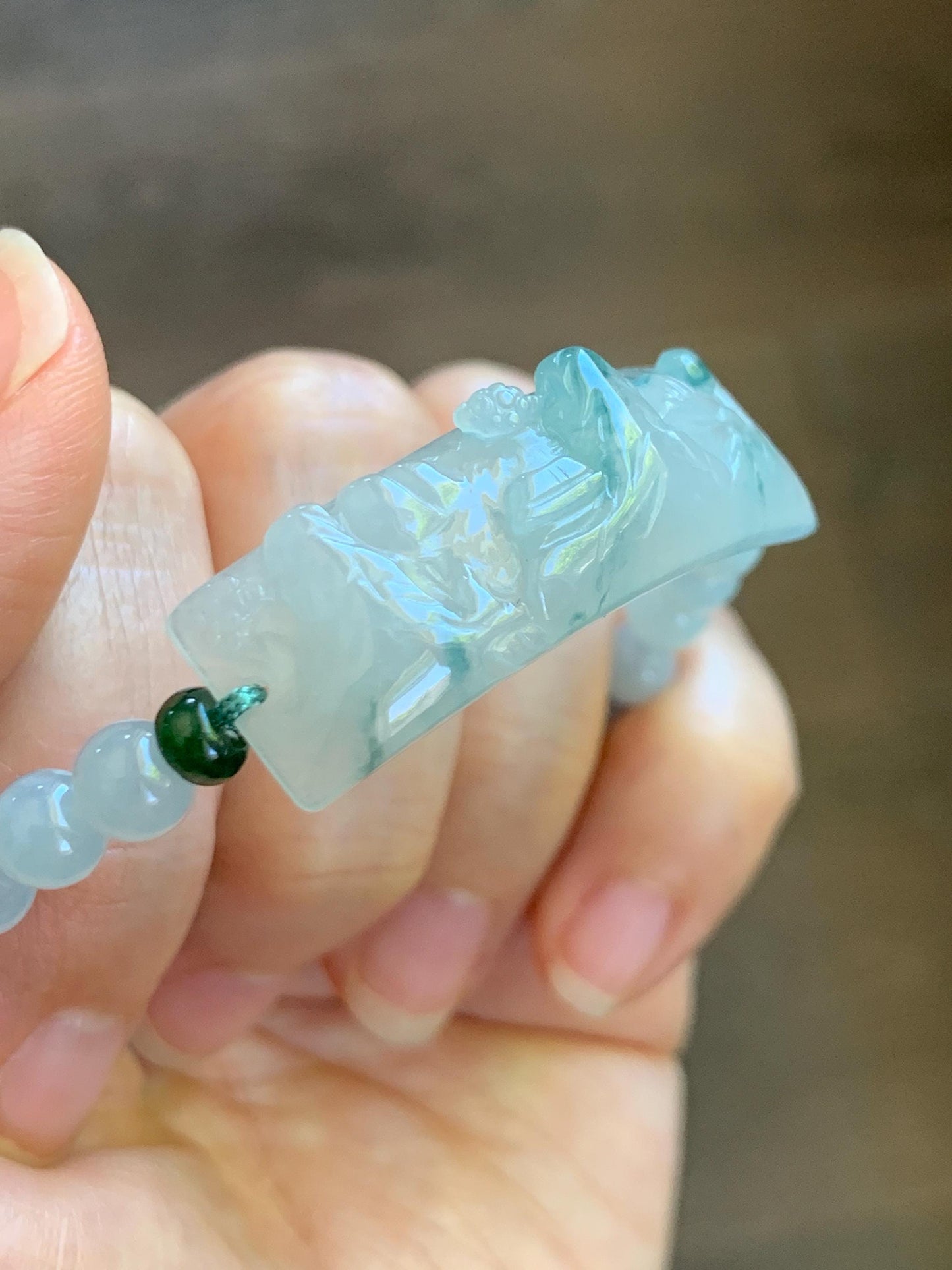 Certified Natural Grade A Icy Translucent Teal Green Marbled Jade Jadeite Carved Shan Shui Cuff Beaded Bracelet 6.75” 13g 天然冰胶飘花翡翠山水牌手绳 1155