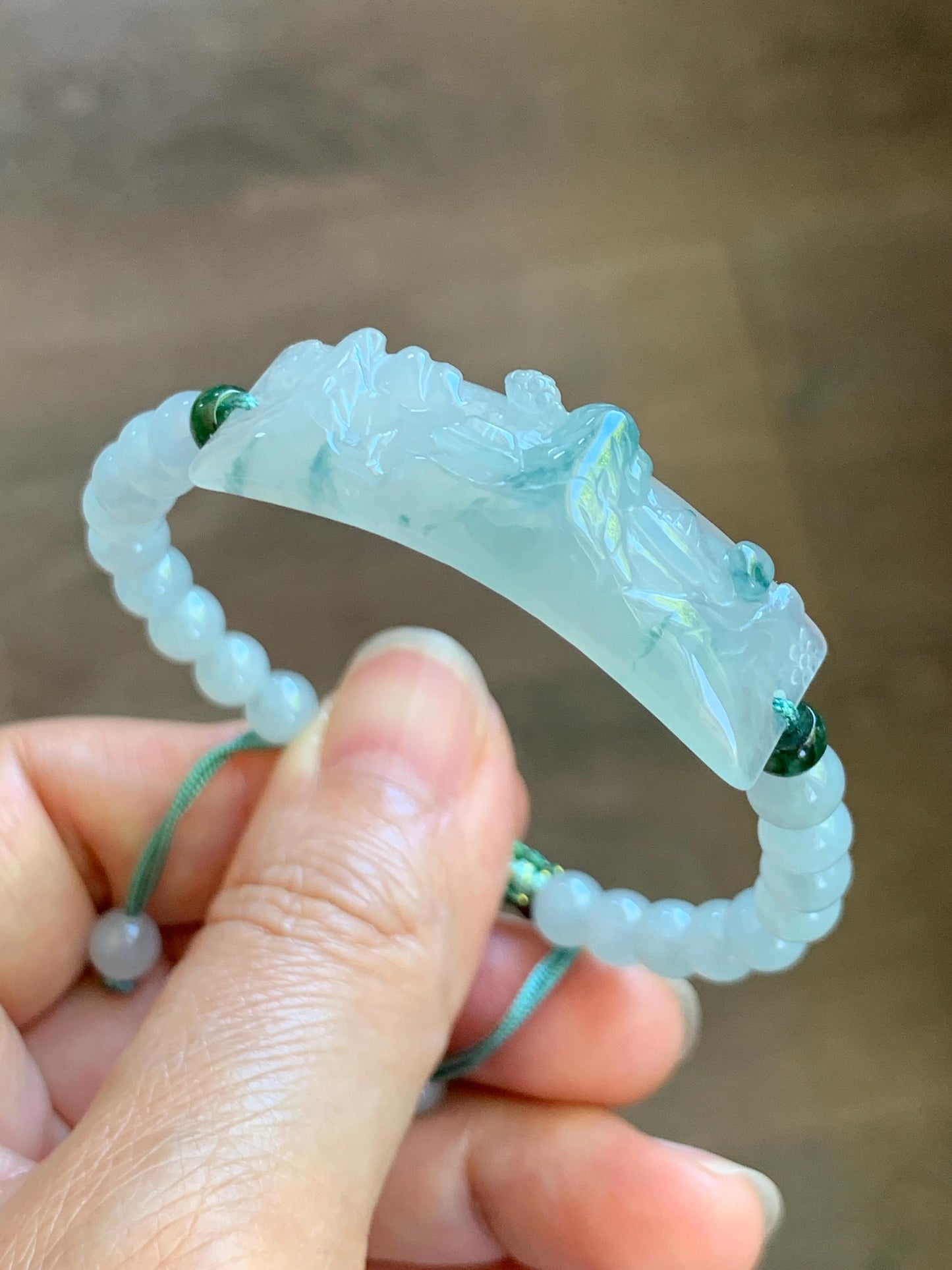 Certified Natural Grade A Icy Translucent Teal Green Marbled Jade Jadeite Carved Shan Shui Cuff Beaded Bracelet 6.75” 13g 天然冰胶飘花翡翠山水牌手绳 1155