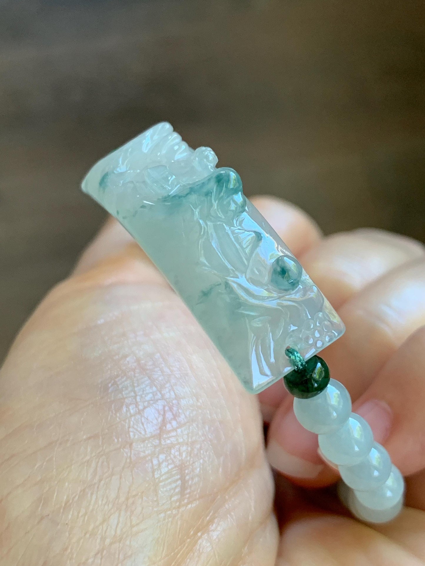 Certified Natural Grade A Icy Translucent Teal Green Marbled Jade Jadeite Carved Shan Shui Cuff Beaded Bracelet 6.75” 13g 天然冰胶飘花翡翠山水牌手绳 1155