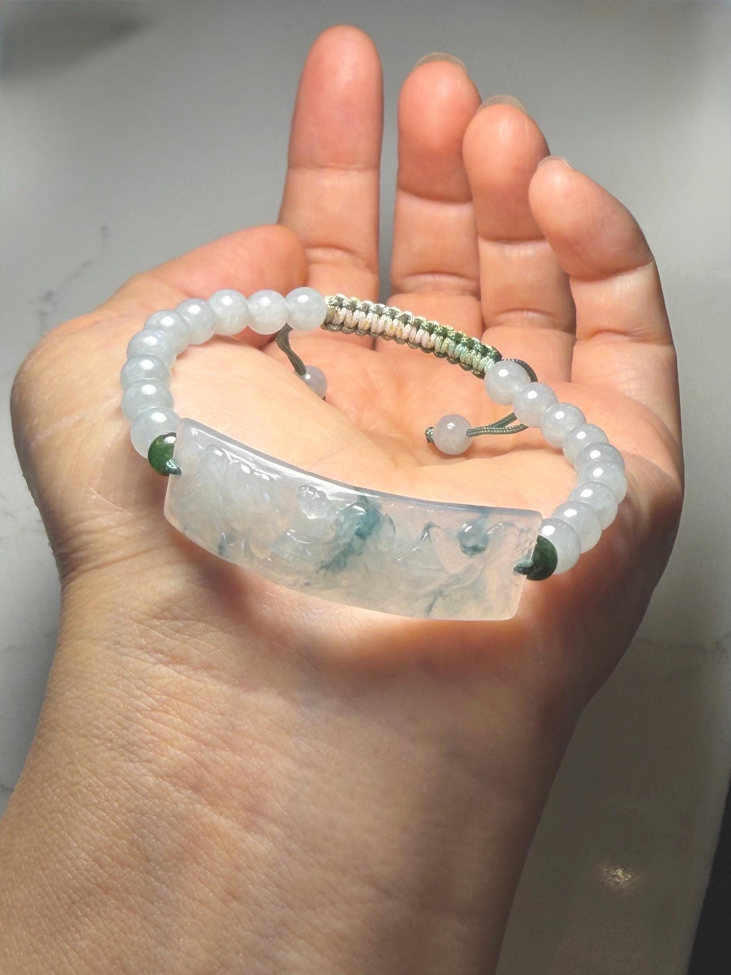 Certified Natural Grade A Icy Translucent Teal Green Marbled Jade Jadeite Carved Shan Shui Cuff Beaded Bracelet 6.75” 13g 天然冰胶飘花翡翠山水牌手绳 1155
