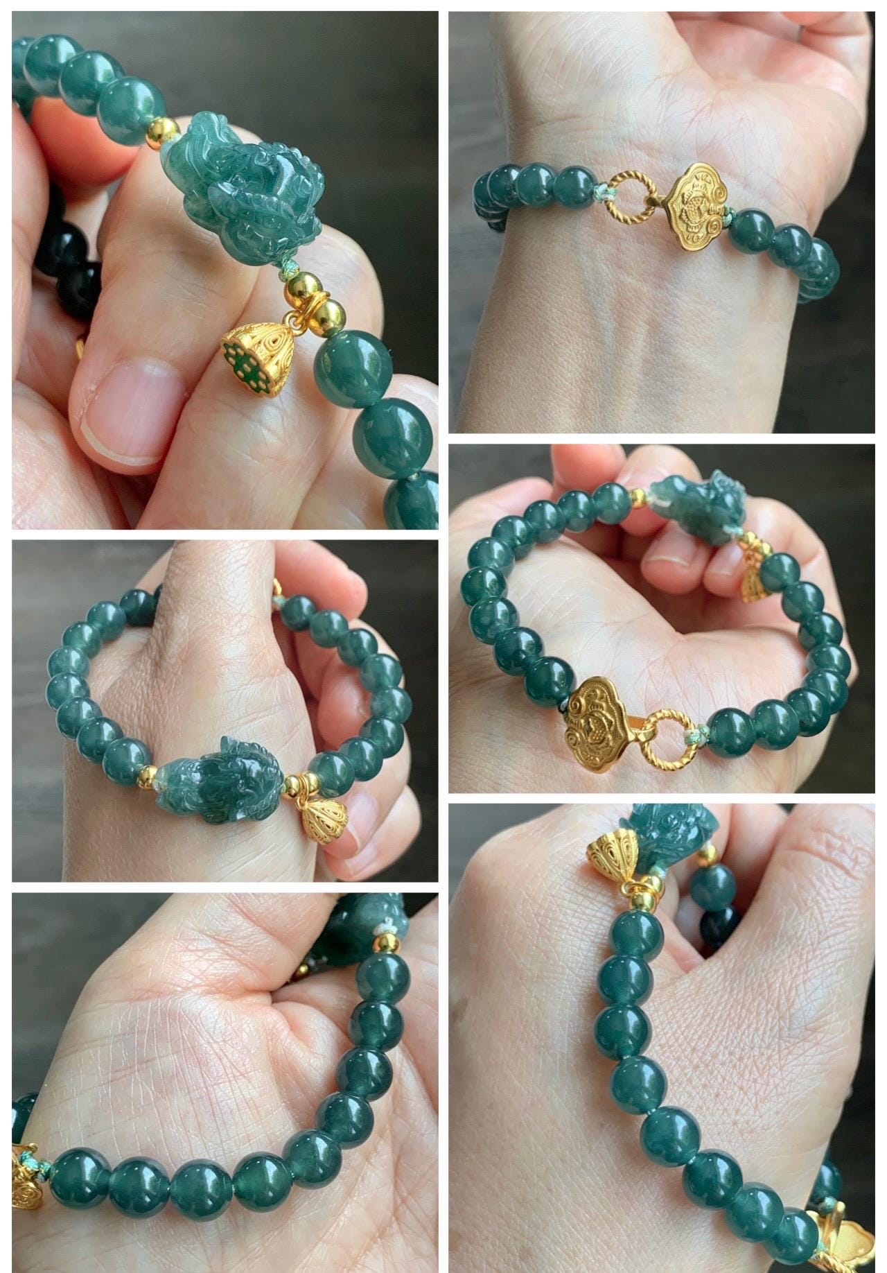 Natural Grade A Guatemalan Icy Translucent Dark Teal Green Jade Jadeite Dancing Lion Beaded Bracelet 7” Sterling Silver 天然冰危蓝绿翡翠摆烂醒狮手串WXS350