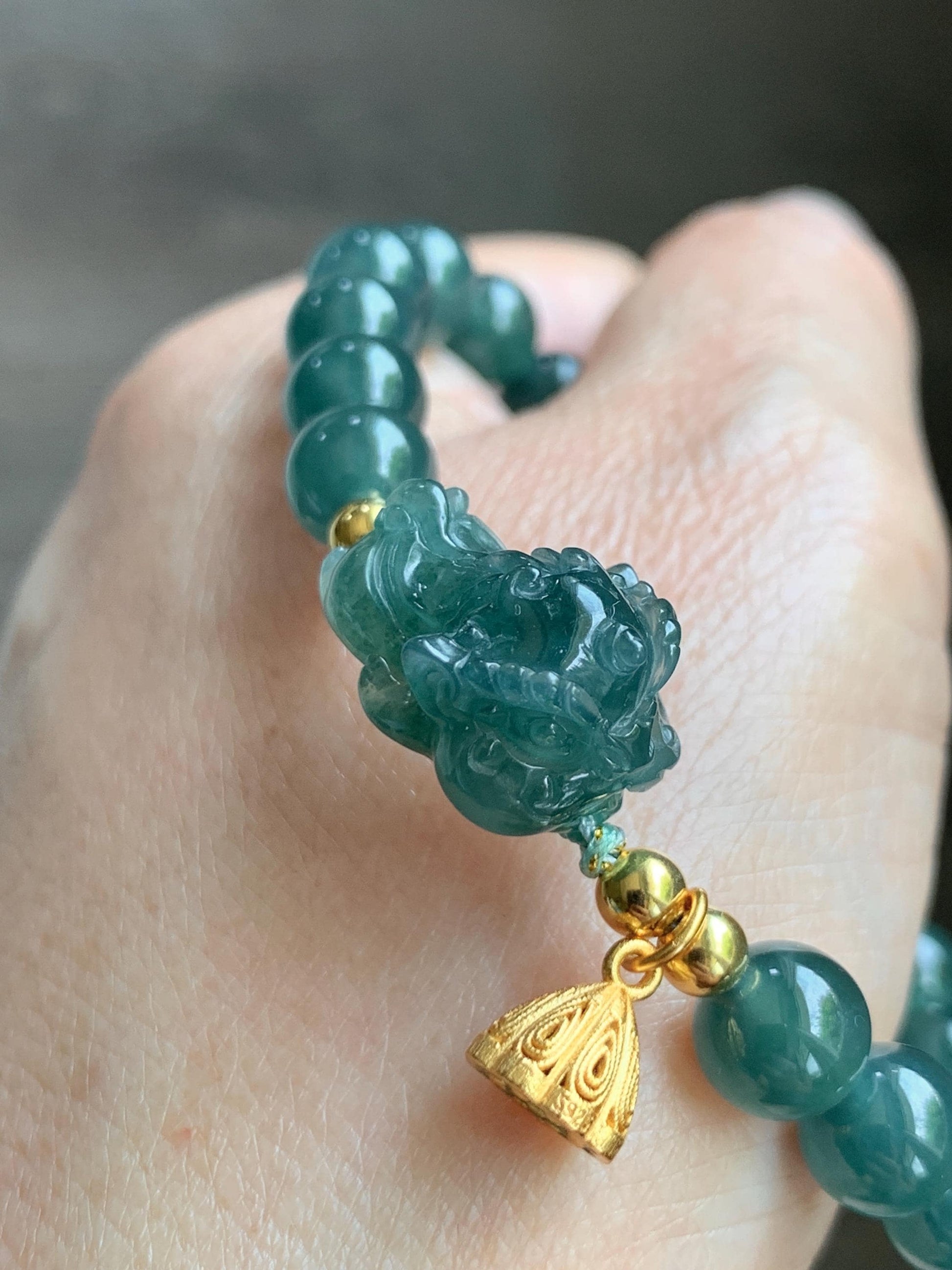Natural Grade A Guatemalan Icy Translucent Dark Teal Green Jade Jadeite Dancing Lion Beaded Bracelet 7” Sterling Silver 天然冰危蓝绿翡翠摆烂醒狮手串WXS350