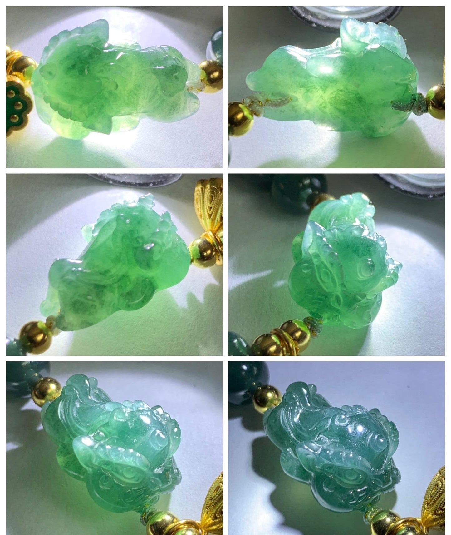 Natural Grade A Guatemalan Icy Translucent Dark Teal Green Jade Jadeite Dancing Lion Beaded Bracelet 7” Sterling Silver 天然冰危蓝绿翡翠摆烂醒狮手串WXS350
