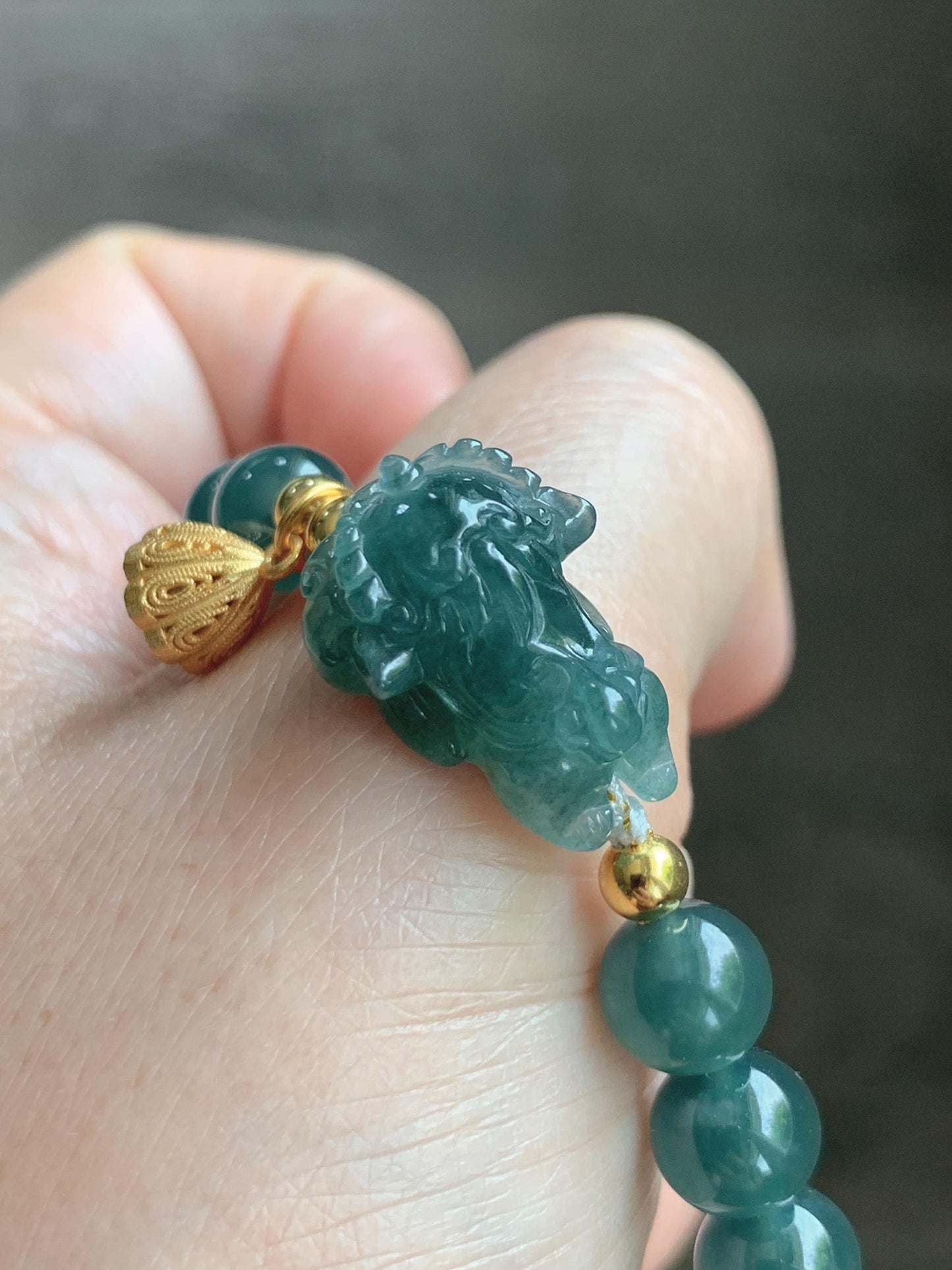 Natural Grade A Guatemalan Icy Translucent Dark Teal Green Jade Jadeite Dancing Lion Beaded Bracelet 7” Sterling Silver 天然冰危蓝绿翡翠摆烂醒狮手串WXS350