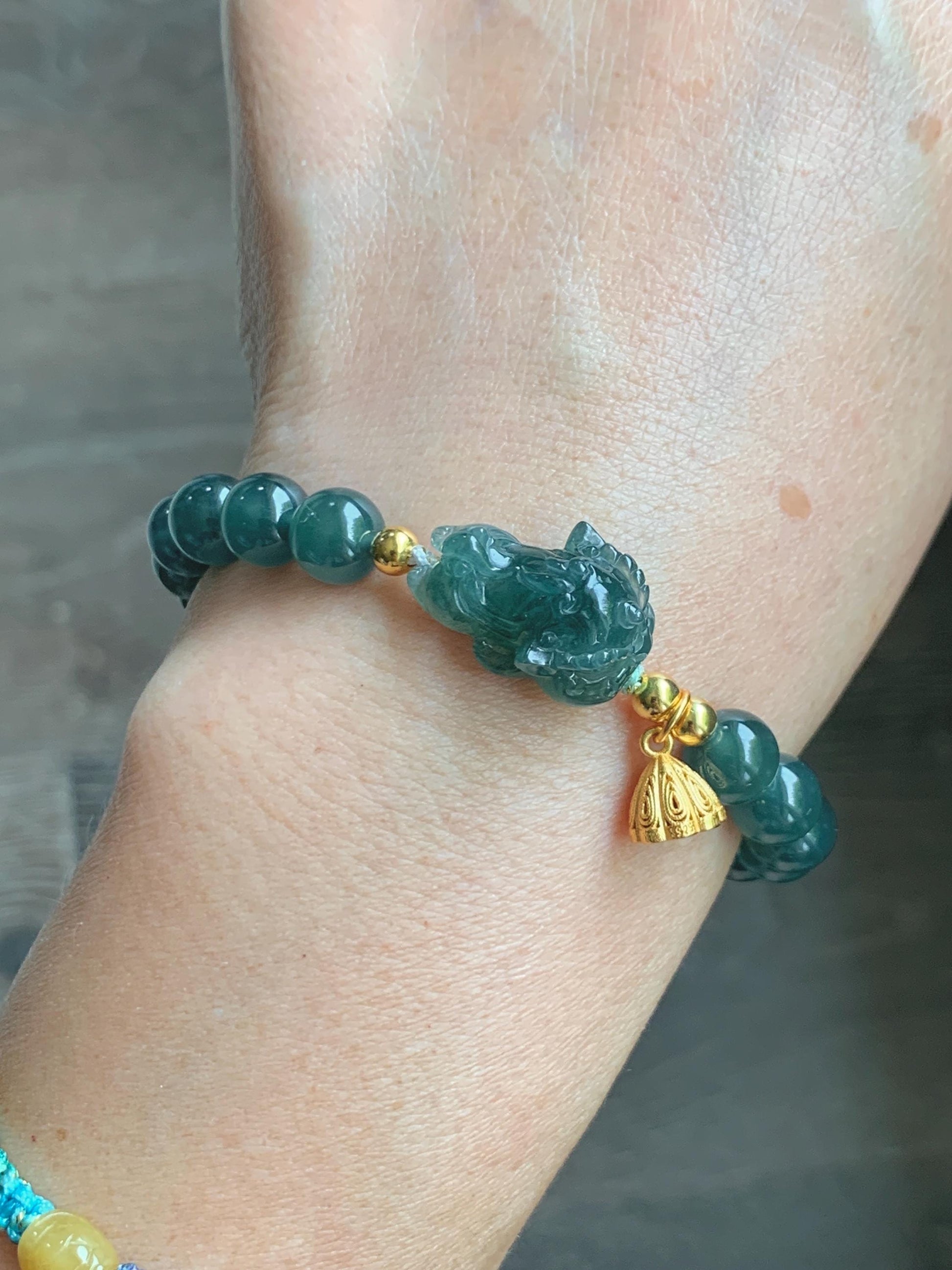 Natural Grade A Guatemalan Icy Translucent Dark Teal Green Jade Jadeite Dancing Lion Beaded Bracelet 7” Sterling Silver 天然冰危蓝绿翡翠摆烂醒狮手串WXS350