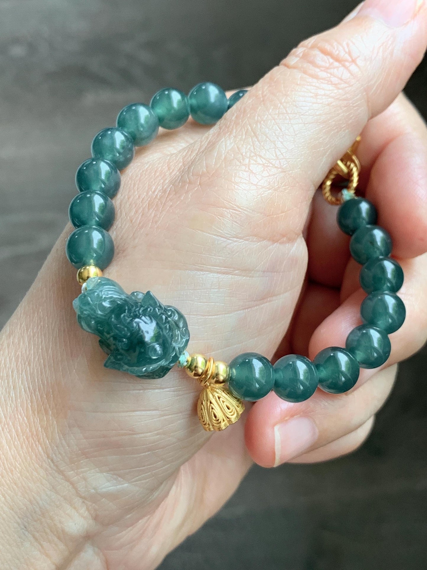 Natural Grade A Guatemalan Icy Translucent Dark Teal Green Jade Jadeite Dancing Lion Beaded Bracelet 7” Sterling Silver 天然冰危蓝绿翡翠摆烂醒狮手串WXS350