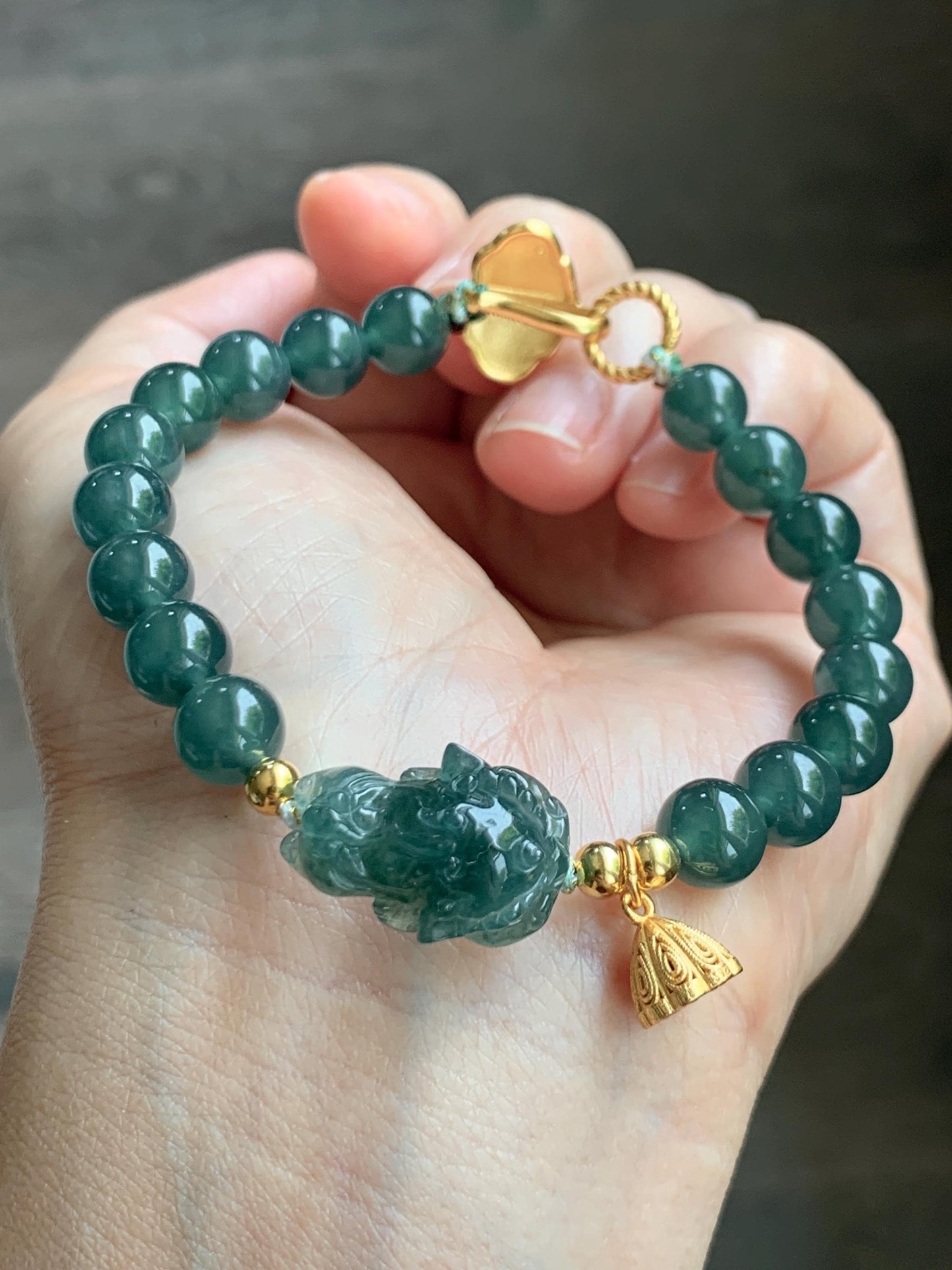 Natural Grade A Guatemalan Icy Translucent Dark Teal Green Jade Jadeite Dancing Lion Beaded Bracelet 7” Sterling Silver 天然冰危蓝绿翡翠摆烂醒狮手串WXS350