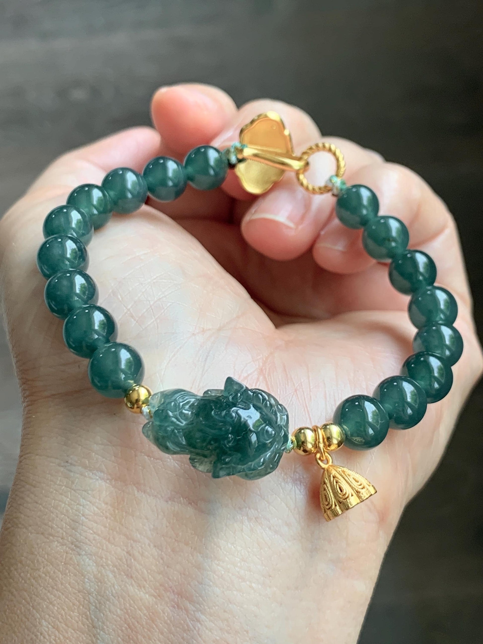 Natural Grade A Guatemalan Icy Translucent Dark Teal Green Jade Jadeite Dancing Lion Beaded Bracelet 7” Sterling Silver 天然冰危蓝绿翡翠摆烂醒狮手串WXS350