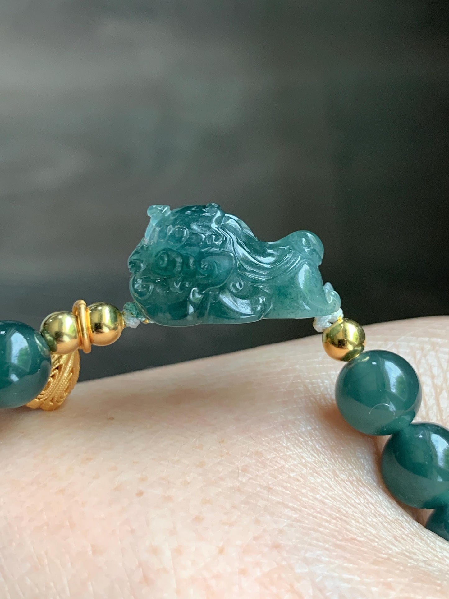 Natural Grade A Guatemalan Icy Translucent Dark Teal Green Jade Jadeite Dancing Lion Beaded Bracelet 7” Sterling Silver 天然冰危蓝绿翡翠摆烂醒狮手串WXS350