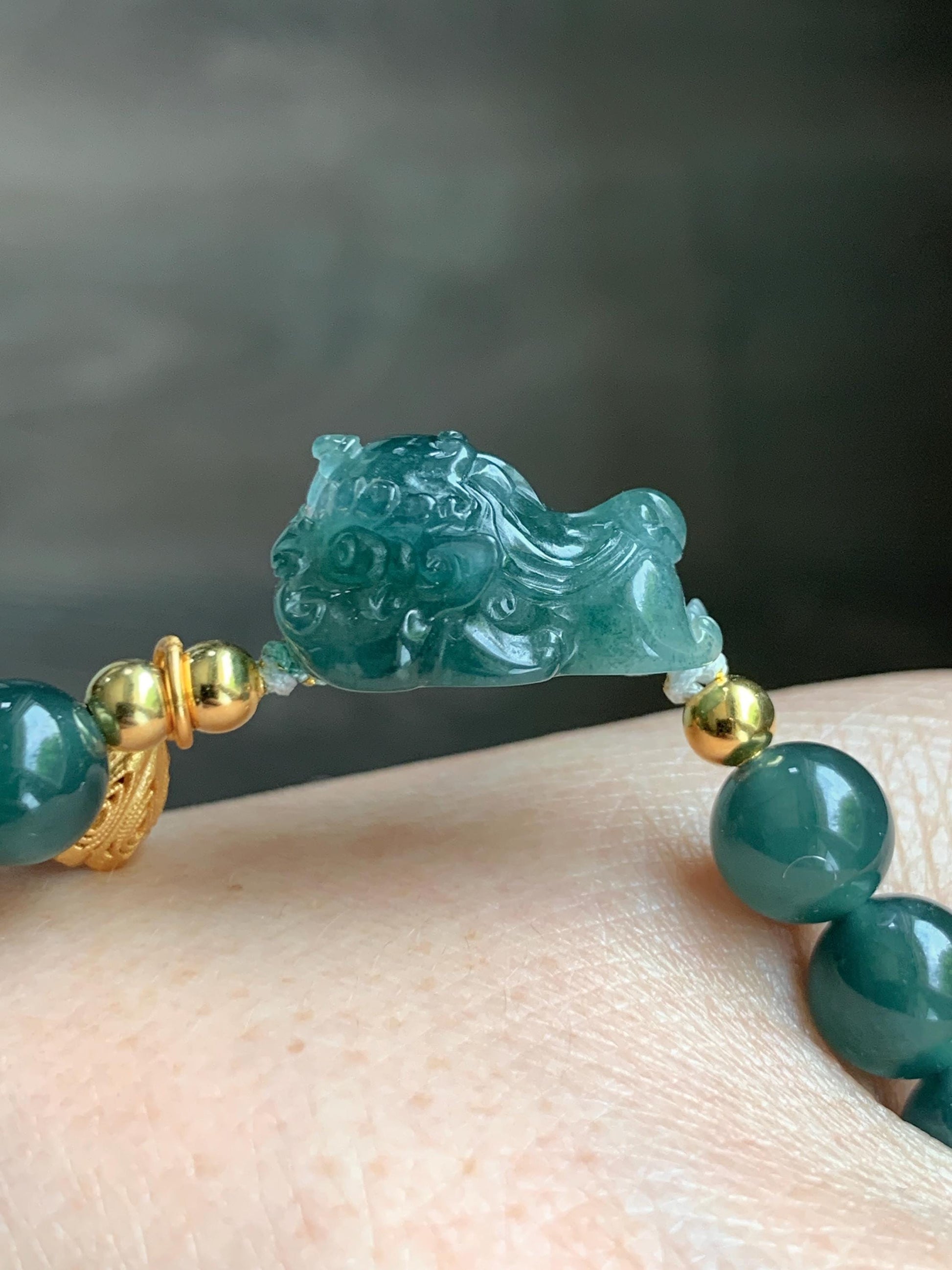 Natural Grade A Guatemalan Icy Translucent Dark Teal Green Jade Jadeite Dancing Lion Beaded Bracelet 7” Sterling Silver 天然冰危蓝绿翡翠摆烂醒狮手串WXS350