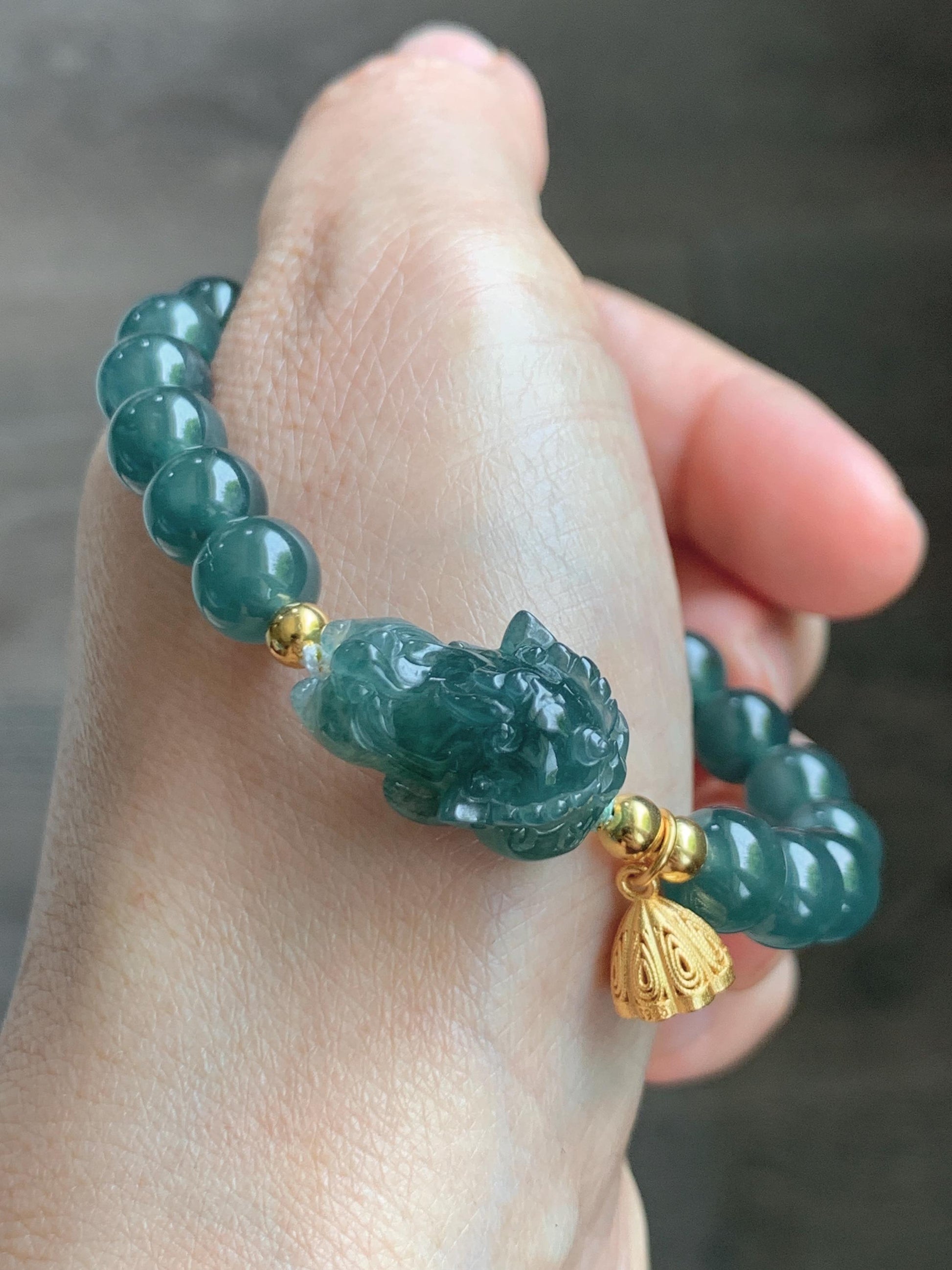 Natural Grade A Guatemalan Icy Translucent Dark Teal Green Jade Jadeite Dancing Lion Beaded Bracelet 7” Sterling Silver 天然冰危蓝绿翡翠摆烂醒狮手串WXS350